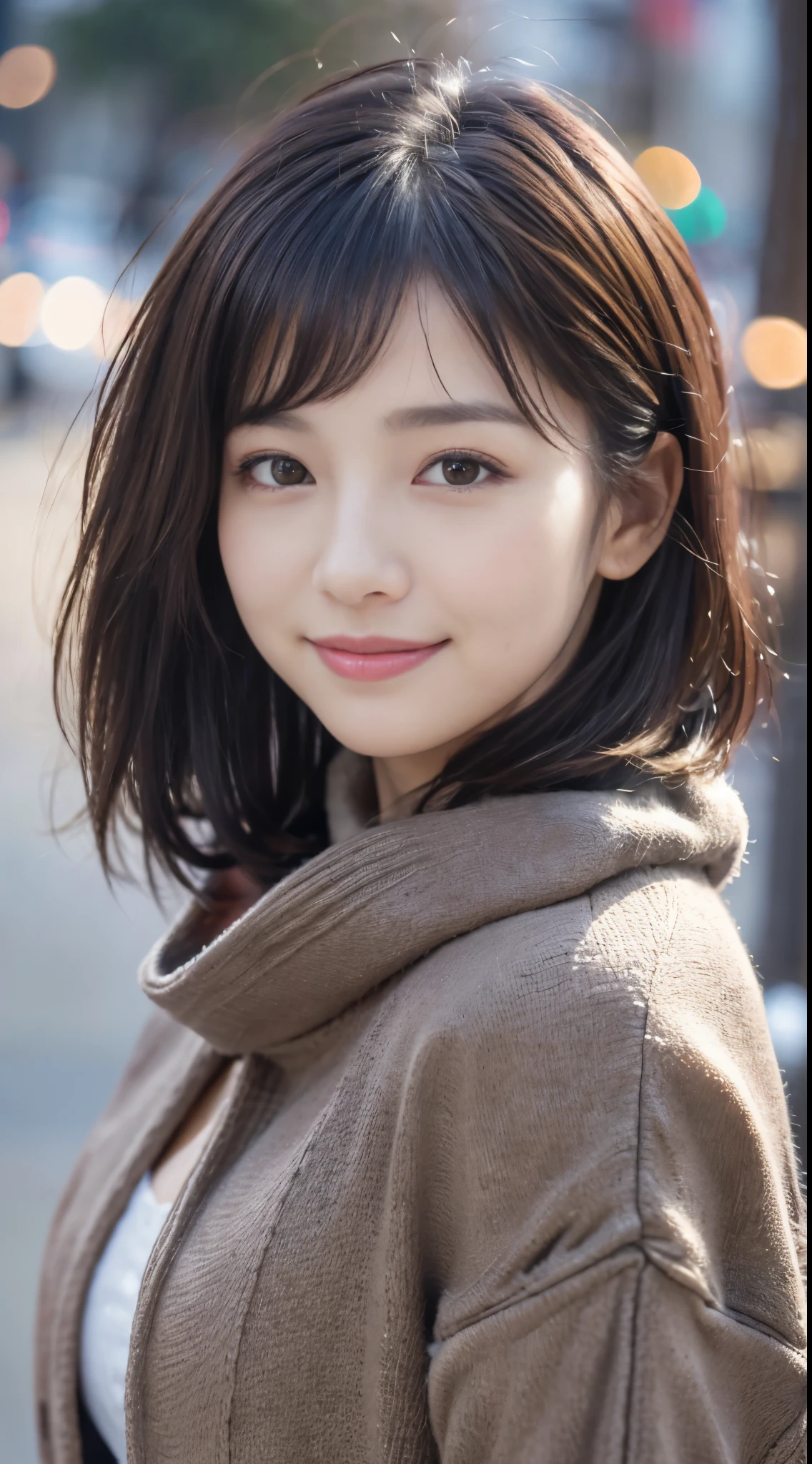 close up shot、looking at the camera、(high quality, High resolution, Super detailed, realistic:1.37)、With bangs、((short hair))curly hair、(small breasts 1.6)、Features beautiful details, cute（smile 1.6）, ｟black hair｠、Tokyo&#39;Latest gray fluffy winter clothes、In town