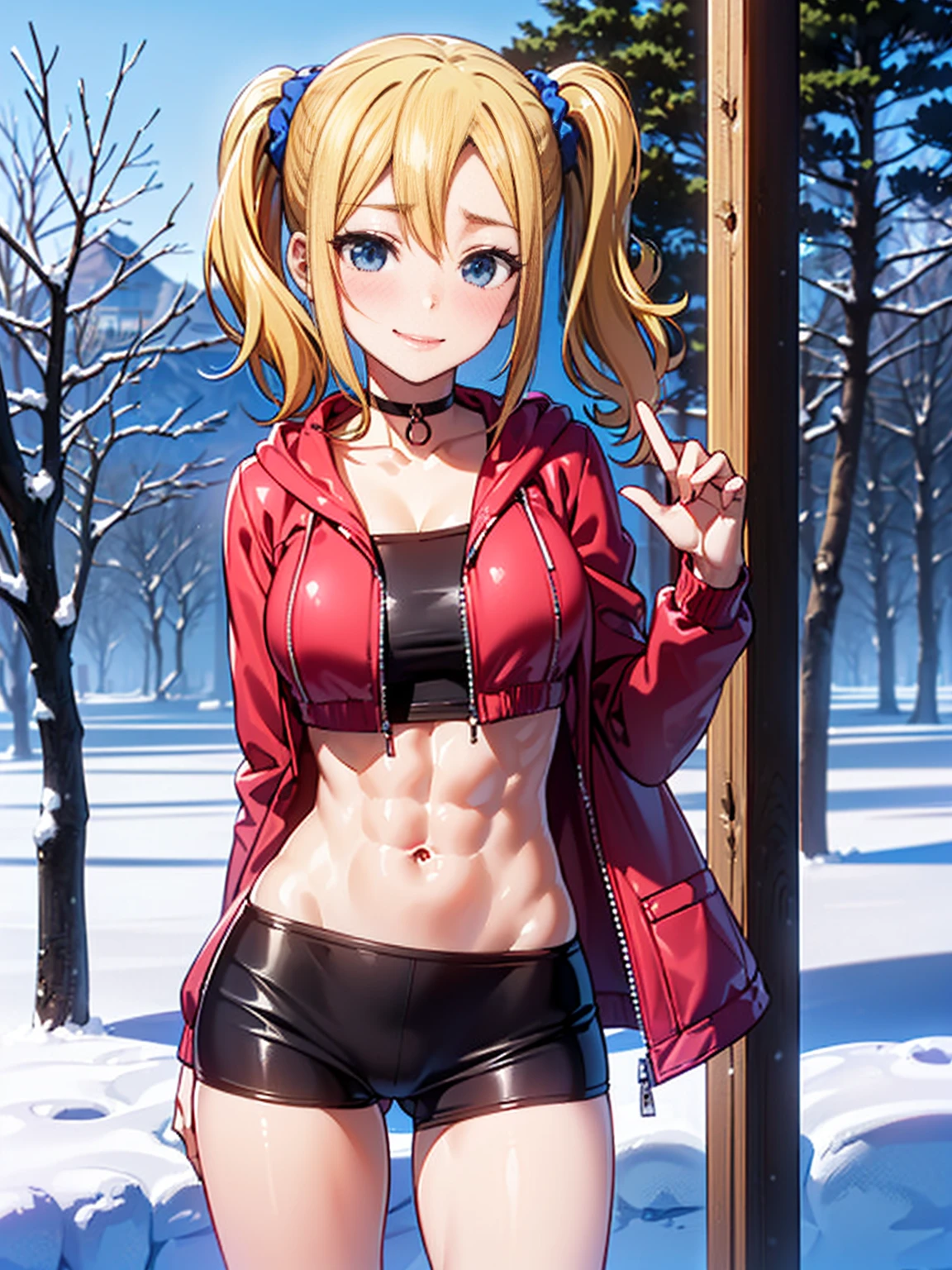 ((ai hayasaka, bangs, blue eyes, blonde hair, hair ornament, sidelocks, side ponytail, scrunchie, hair scrunchie, blue scrunchie)),2 (Red string bikini swimsuit:1.5,Down jacket:1.3,choker), beautiful skin, (open, outdoor, standing, seen from the front bottom:1.3,cowboy shot), expression( Gleeful:1.3,blushing:1.3),Pause( standing, Seductive pose:1.5),background(snow mountain:1.5,Forest),(slender, abs:1.2), (Underwear visible through clothing),(Butt visible through clothes),(detailed perfect face),normal hands:1.5,normal fingers:1:5,normal feet:1.5,