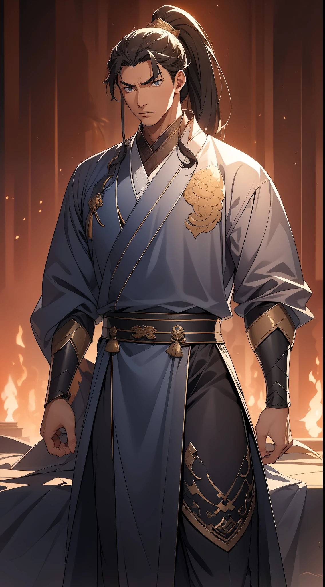 masterpiece, Excellent, daytime, 1 person, Chinese style, ancient China, Huating, eagle, turquoise brown hair, grey-blue eyes, split hair, long hair, long bangs, high ponytail, Handsome, Handsome, Serious, Moderate, High, quiet, dark clothes, gray blue clothes, Dark blue clothes, prince, sword, look down