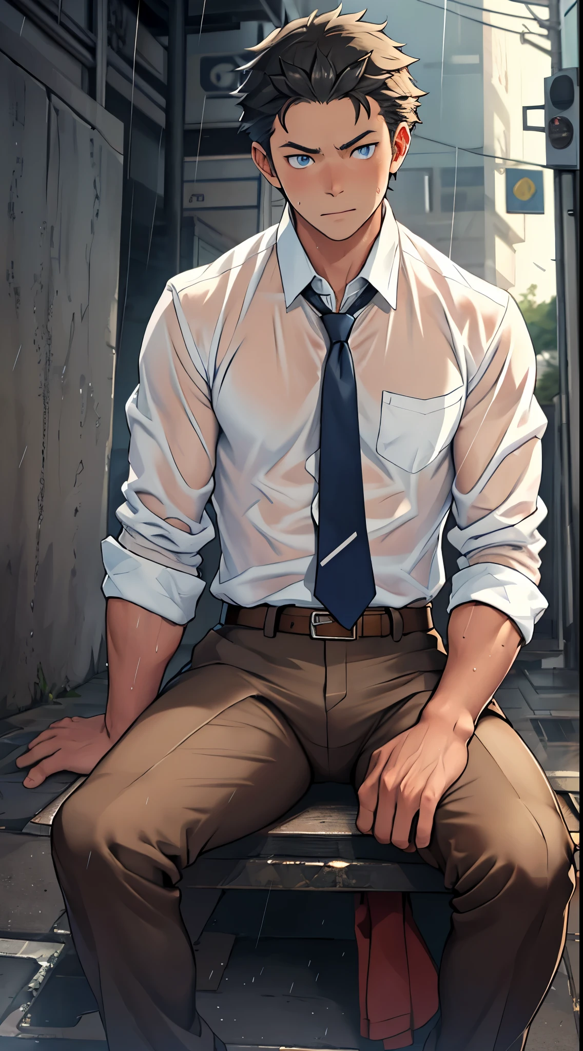 （1 adult male），high resolution， sharp focus， Pixiv masterpiece， （（intricate details））， Very detailed， Natsuki_Subaru， 1 person，sit astride，Close-up of the crotch，crotch view， lazy，Full body female love， blue eyes（eyes glow）， short hair，White shirt，wear a tie，wear a belt，breath through，rain，Soaked，Sweating in the crotch，looking from bottom to top