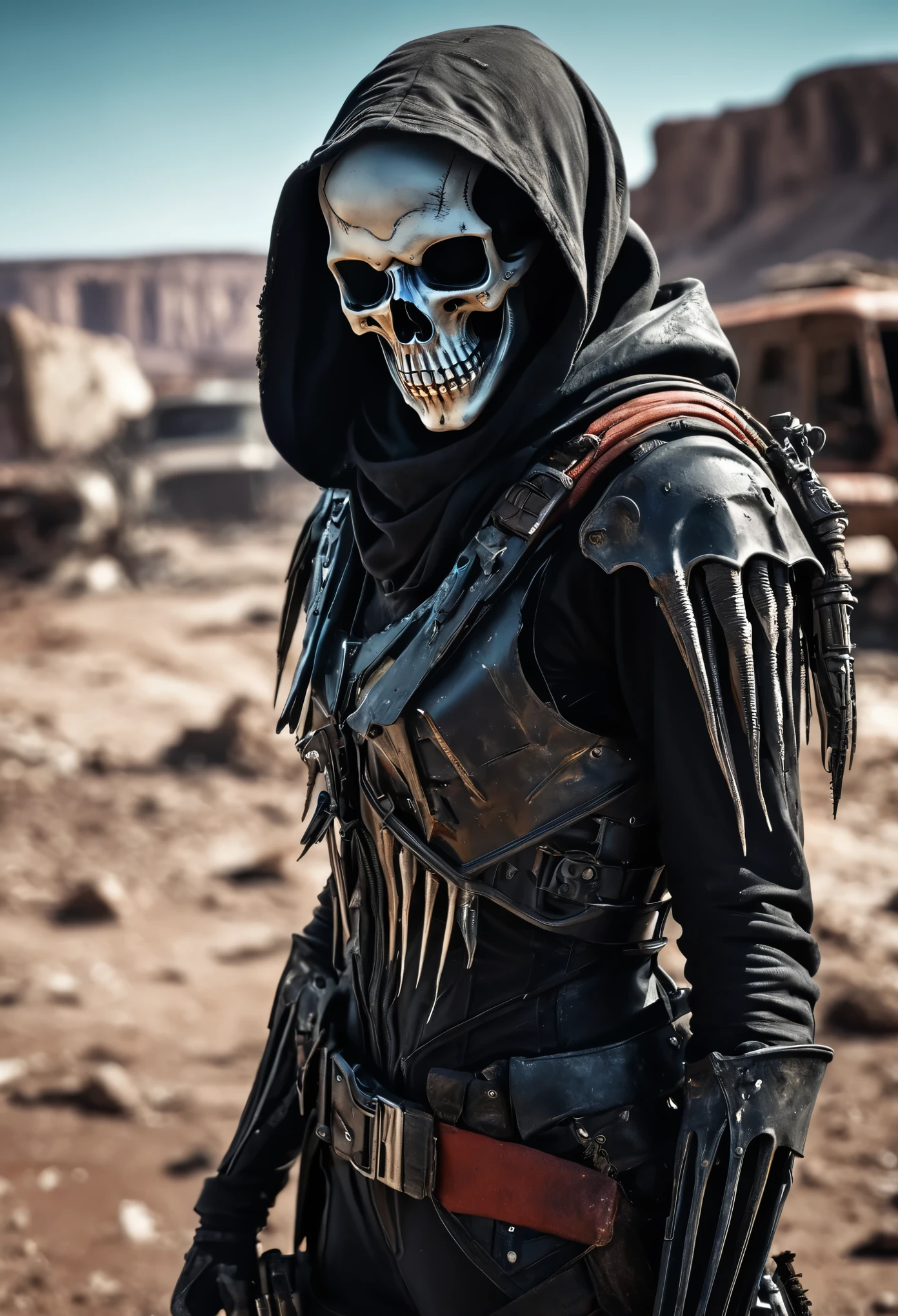 (Realistic:1.4), analog photo style, depth of field, mid-shot, Vivid colors, fragile, vulnerable, female reaper, sad, worried expression, looking away, from above, down to ground, professional photoset in post-apocalyptic style, insanely detailed, intricate wasteland landscape background, (((masterpiece))), top quality, 8K, ultra high resolution, high contrast, low saturation