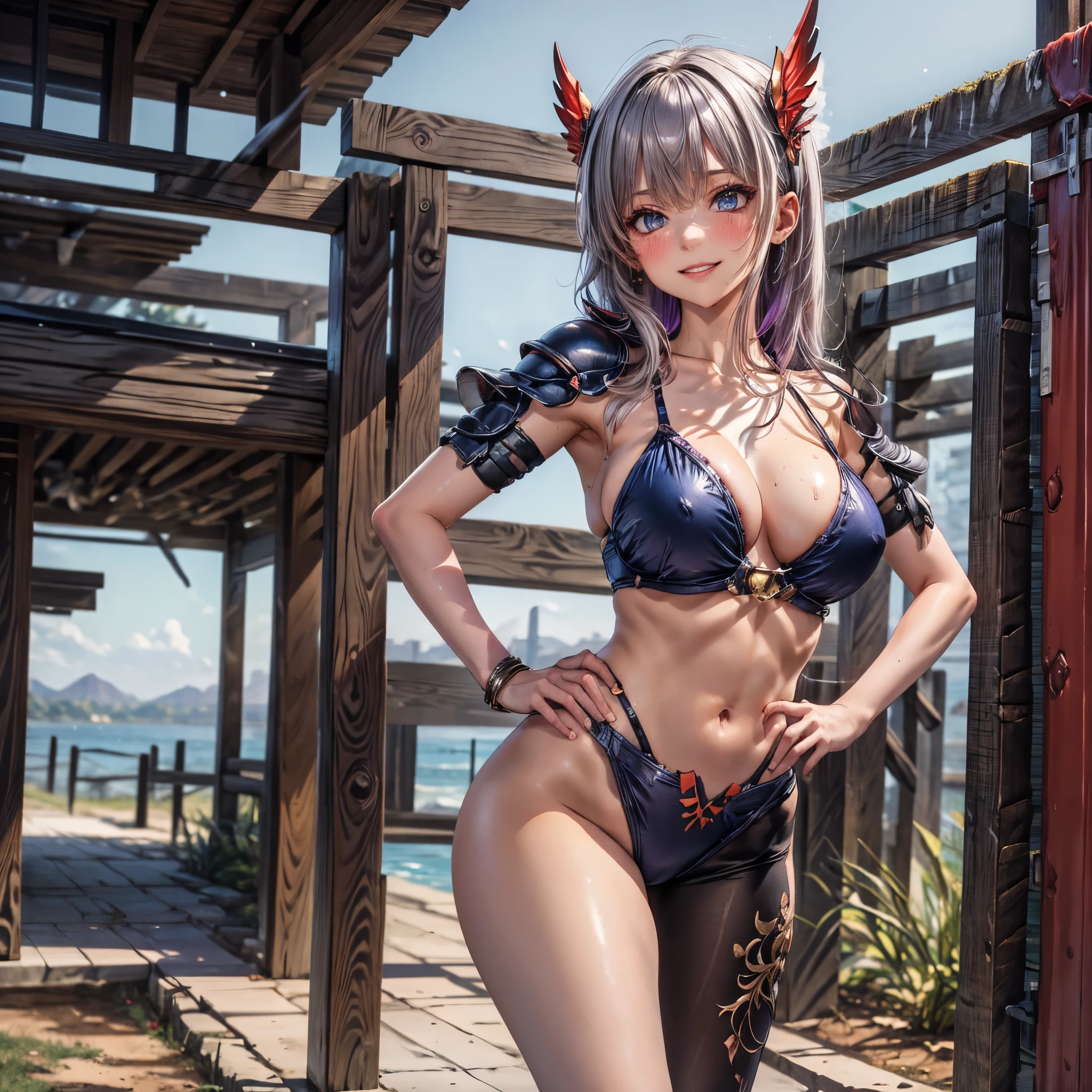 (masterpiece:1.2), (best quality:1.2), perfect eyes, perfect face, volumetric lighting, 1girl, mature female, hand on hip, flexing biceps, long hair, purple hair, seductive smile, blush, sweat, bikini armor, soldier, winged helmet, red armor, abs, toned, wide hips, thick thighs, huge breasts, dancing and singing, in the suburbs, high res, ultrasharp, 8K, masterpiece, HDR, 8k, absurdres, cinestill 800, sharp focus, add_detail:3