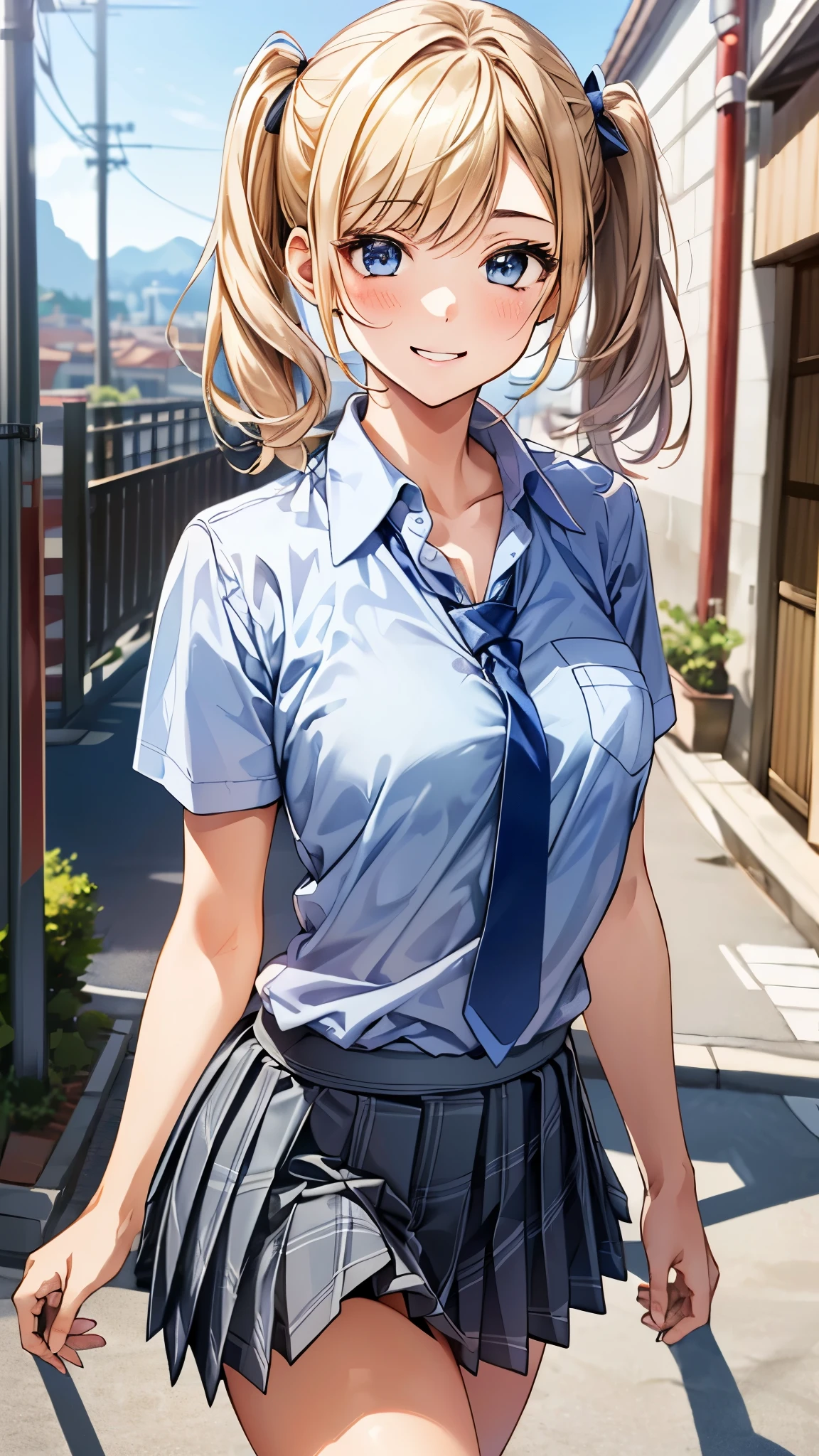 (masterpiece:1.3, top-quality, ultra high res, ultra detailed), (realistic:1.1, photorealistic:1.4), beautiful illustration, perfect lighting, colorful, depth of fields,
beautiful detailed hair, beautiful detailed face, beautiful detailed eyes, beautiful clavicle, beautiful body, beautiful chest, beautiful thigh, beautiful legs, beautiful fingers,
looking at viewer, 1 girl, japanese, high school girl, perfect face, (perfect ???????, anatomically correct), cute and symmetrical face, babyface, suntan, shiny skin,
(middle hair:1.5, twintails:1.2, blonde hair), asymmetrical bangs, blue eyes, long eye lasher, (medium breasts), slender,
((collared short sleeve shirt, light blue shirt, school uniform, grey plaid pleated skirt, navy tie)), light blue panties,
(beautiful scenery), evening, (outdoors, cityscape in the distance), walking, (lovely smile, upper eyes),
