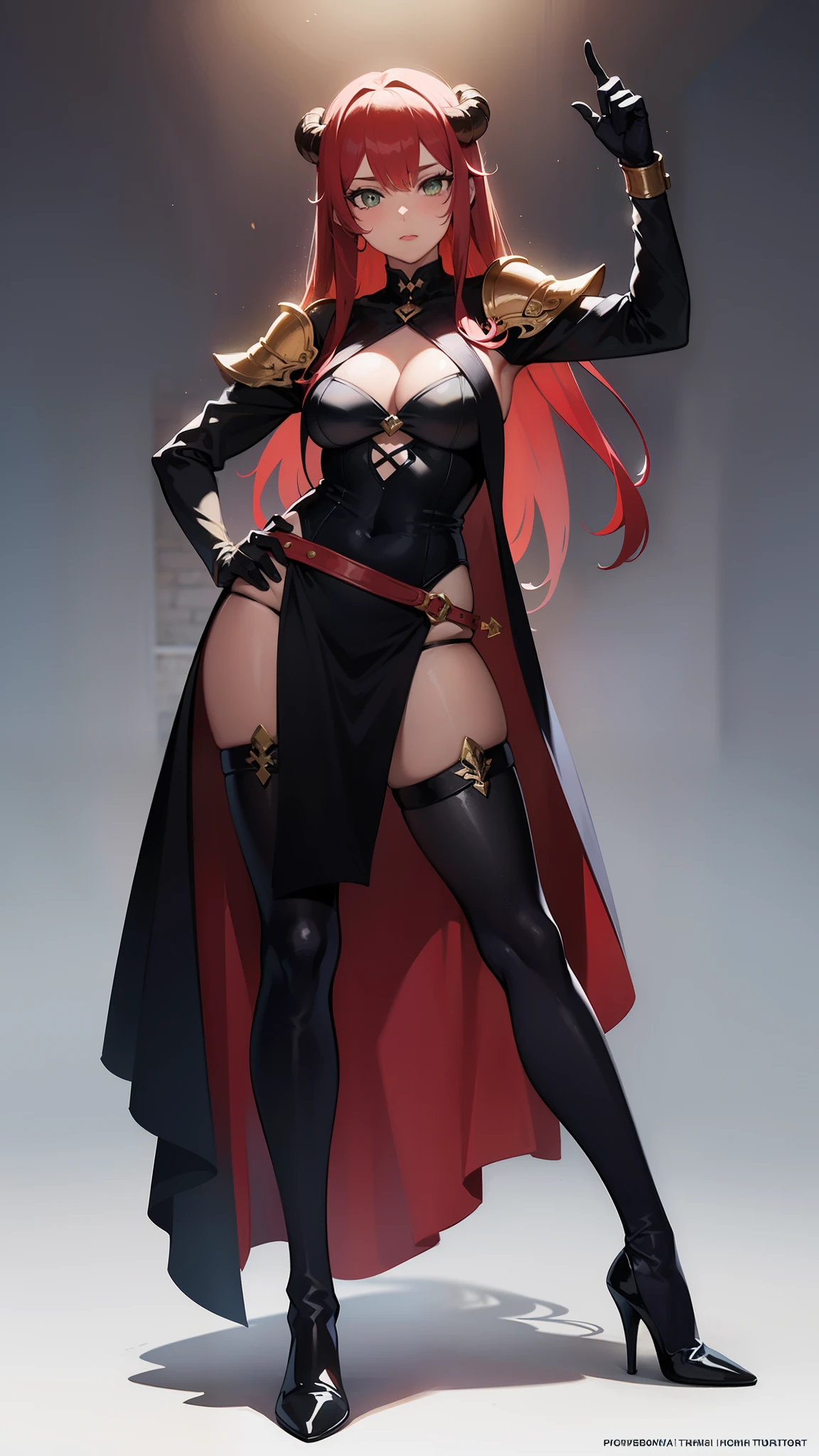 Masterpiece, 1girl, (daemon-like girl), red hair and Green eyes, with dark skin tone and 2 small horns, detailed face, detailed hair, detailed eyes, detailed costume, full body, Lady knight and princes, light armor, fantasy, closed mouth, action pose, detailed, enchanted dark forest, (dark fairytale), unconditional love, emotional