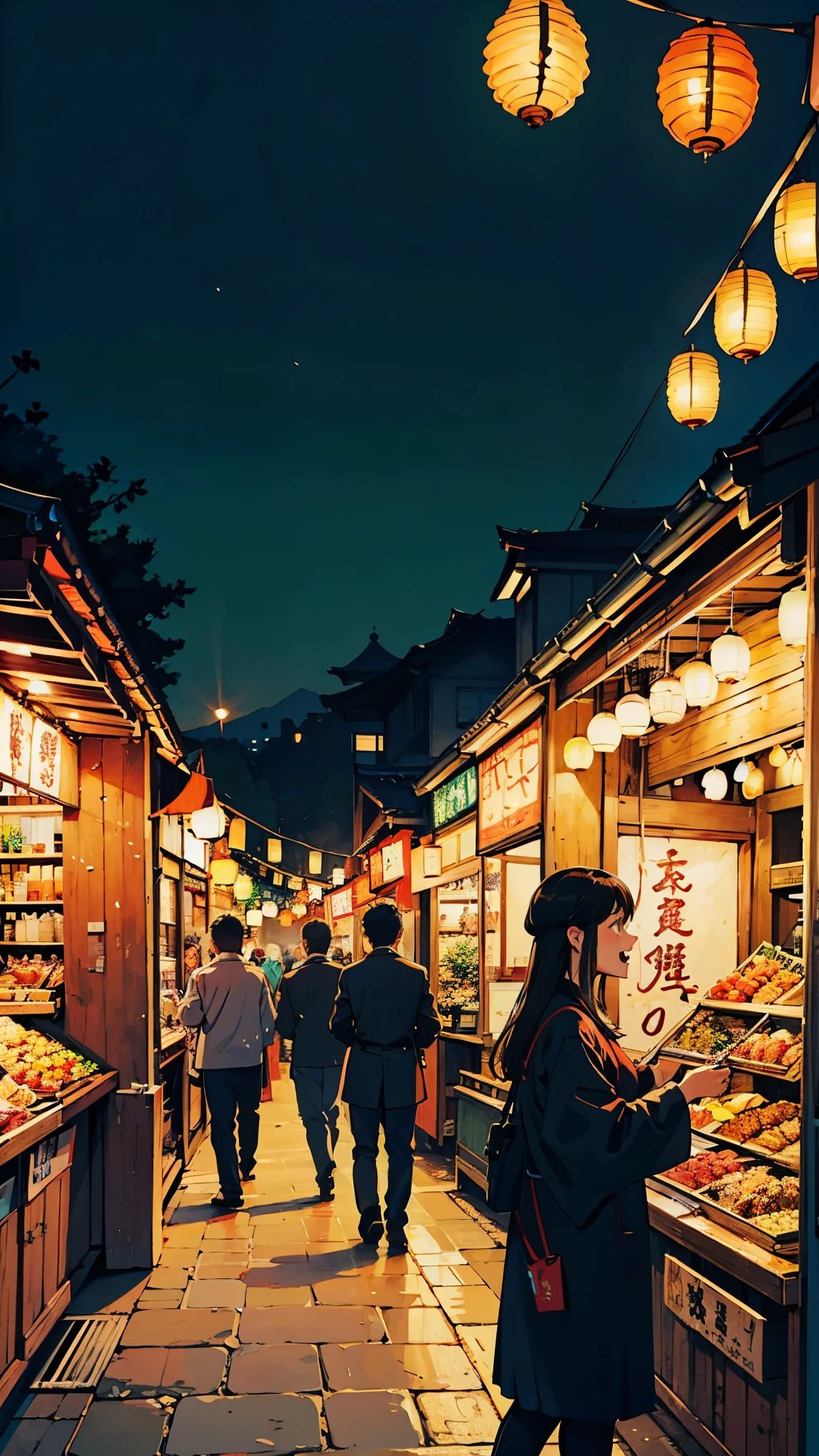 (best quality,highres),vivid colors,street photography,bokeh,kyoto night market,cheerful expressions,laughter,joy,happy faces,night scene,colorful lights,warm atmosphere,1 girl,1 man,people walking,crowded streets,bustling night market,food stalls,delicious street food,smell of grilled meat and spices,traditional Japanese lanterns,hustle and bustle,lively ambiance,cultural diversity.