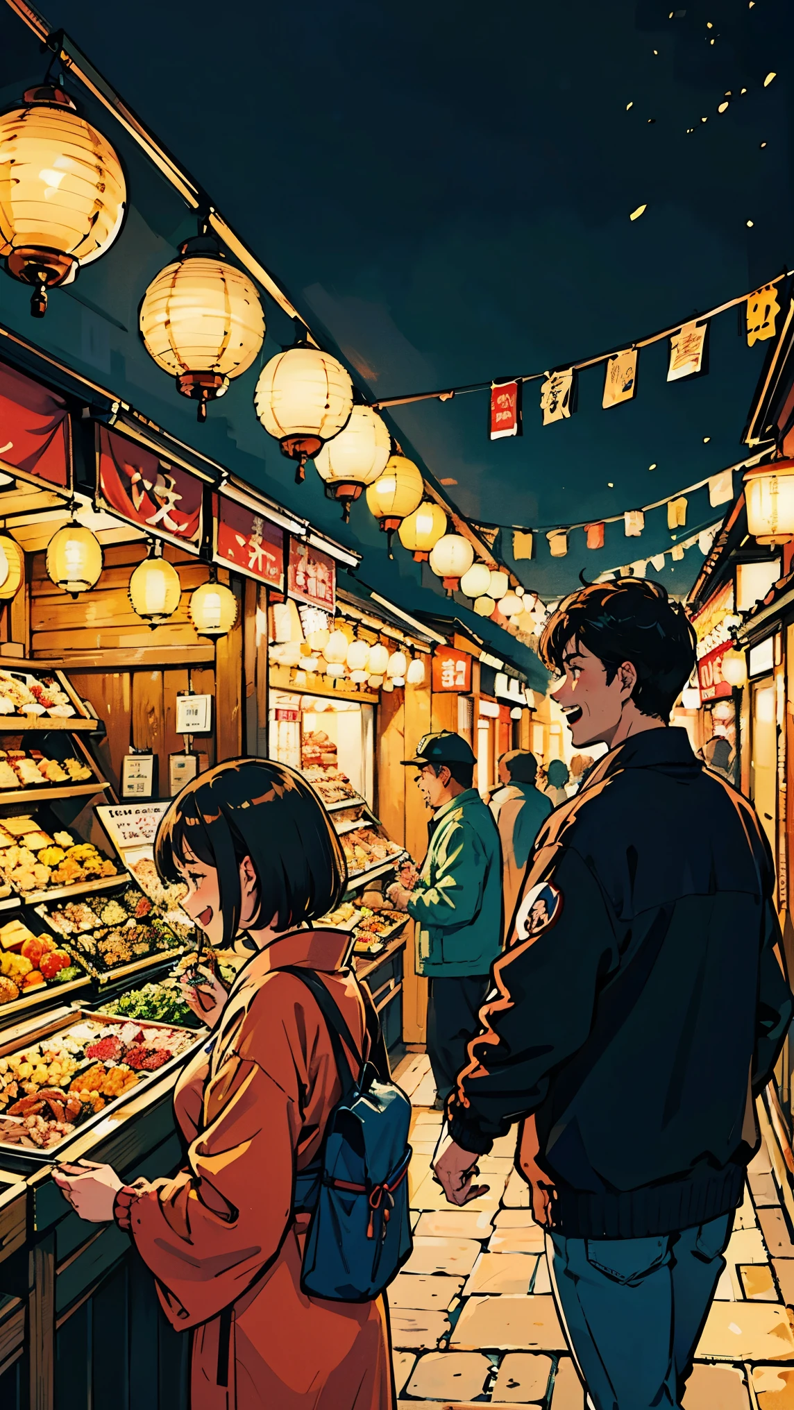 (best quality,highres),vivid colors,street photography,bokeh,kyoto night market,cheerful expressions,laughter,joy,happy faces,night scene,colorful lights,warm atmosphere,1 girl,1 man,people walking,crowded streets,bustling night market,food stalls,delicious street food,smell of grilled meat and spices,traditional Japanese lanterns,hustle and bustle,lively ambiance,cultural diversity.