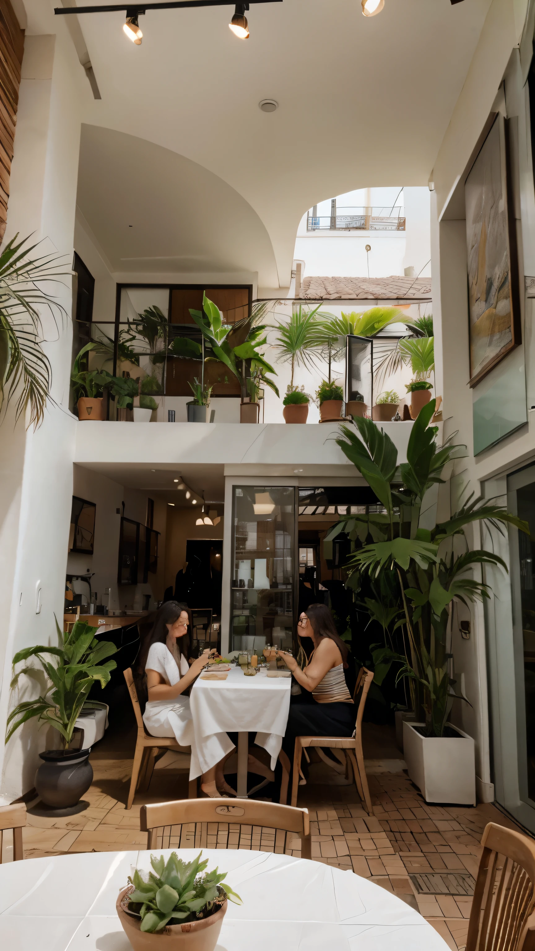 maximum quality, obra de arte, high resolution, Ultra-realistic photo of a simple Brazilian bistro, mas moderno, customers enjoying lunch, sunlight filtered through large windows, telhas de terracota, lush tropical plants around the dining area, cores vibrantes adornando as paredes, tables adorned with white linens and local cuisine, capturing the essence of a lunch in Brazil, atmosfera movimentada, golden ratio, muito limpo.