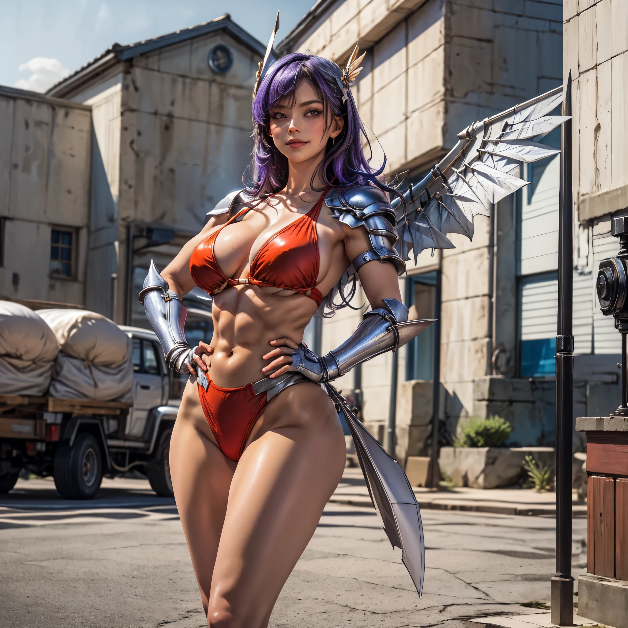 (masterpiece:1.2), (best quality:1.2), perfect eyes, perfect face, volumetric lighting, 1girl, mature female, hand on hip, flexing biceps, long hair, purple hair, seductive smile, blush, sweat, bikini armor, soldier, winged helmet, red armor, abs, toned, wide hips, thick thighs, huge breasts, dancing and singing, in the suburbs, high res, ultrasharp, 8K, masterpiece, HDR, 8k, absurdres, cinestill 800, sharp focus, add_detail:3