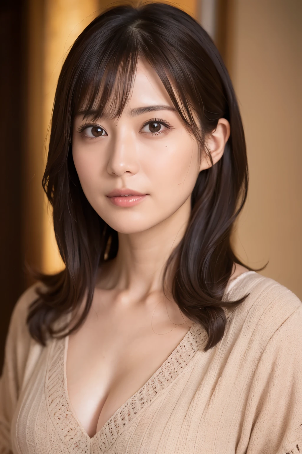 8k, highest quality, masterpiece, realistic, Photoreal, Super detailed, Natural light, Medium chest, I can see the cleavage, (V-neck T-shirt), 1 person, 35 year old female, (look at the camera), (View from the front), beautiful hair, floating hair, meanwhile, highly detailed face and skin, detailed eye, highly detailed face and skin