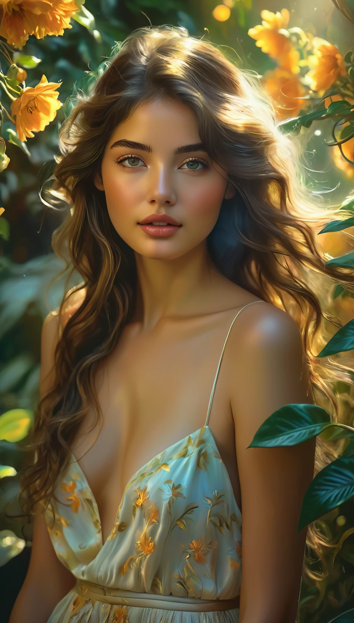 (best quality, highres, ultra-detailed, realistic:1.37), a  exotic half Italian girl with breathtaking beauty under the dappled sunlight, a nude art piece in the style of photo, depicted with stunning realism and intricate details. The girl has porcelain-like skin, radiant with a soft glow. Her mesmerizing iridescent eyes are filled with depth and emotion, enhanced with long, dark lashes. Her full, luscious lips are delicately painted with a hint of natural color. Long, flowing locks of hair cascade down her back, catching the gentle rays of sunlight.

The girl stands gracefully in a picturesque garden, surrounded by vibrant flowers and lush green foliage. The warm golden sunlight filters through the branches, casting enchanting shadows on her flawless form. The scene exudes a sense of tranquility and serenity, as if time has momentarily stood still.

The textures of the flowers and leaves are rendered with rich colors and intricate details, bringing them to life on the canvas. The overall composition showcases a harmonious balance between light and shadow, accentuating the girl's ethereal beauty.

The color palette of the painting is dominated by warm tones, with hints of soft pastels to add a touch of whimsy. The sunlight bathes the scene in a warm, golden glow, illuminating the girl's fair complexion and casting a soft, romantic atmosphere.

The lighting in the artwork is carefully crafted, emphasizing the natural play of light and shadow. The subtle interplay of highlights and shadows enhances the depth and dimensionality of the girl's figure, adding a sense of realism to the painting. The soft, diffused light further enhances the dreamlike quality of the scene, creating a magical and captivating ambiance.

The resulting artwork is a masterpiece of beauty and artistry, capturing the essence of a girl's innocence and vulnerability in a mesmerizing and timeless 