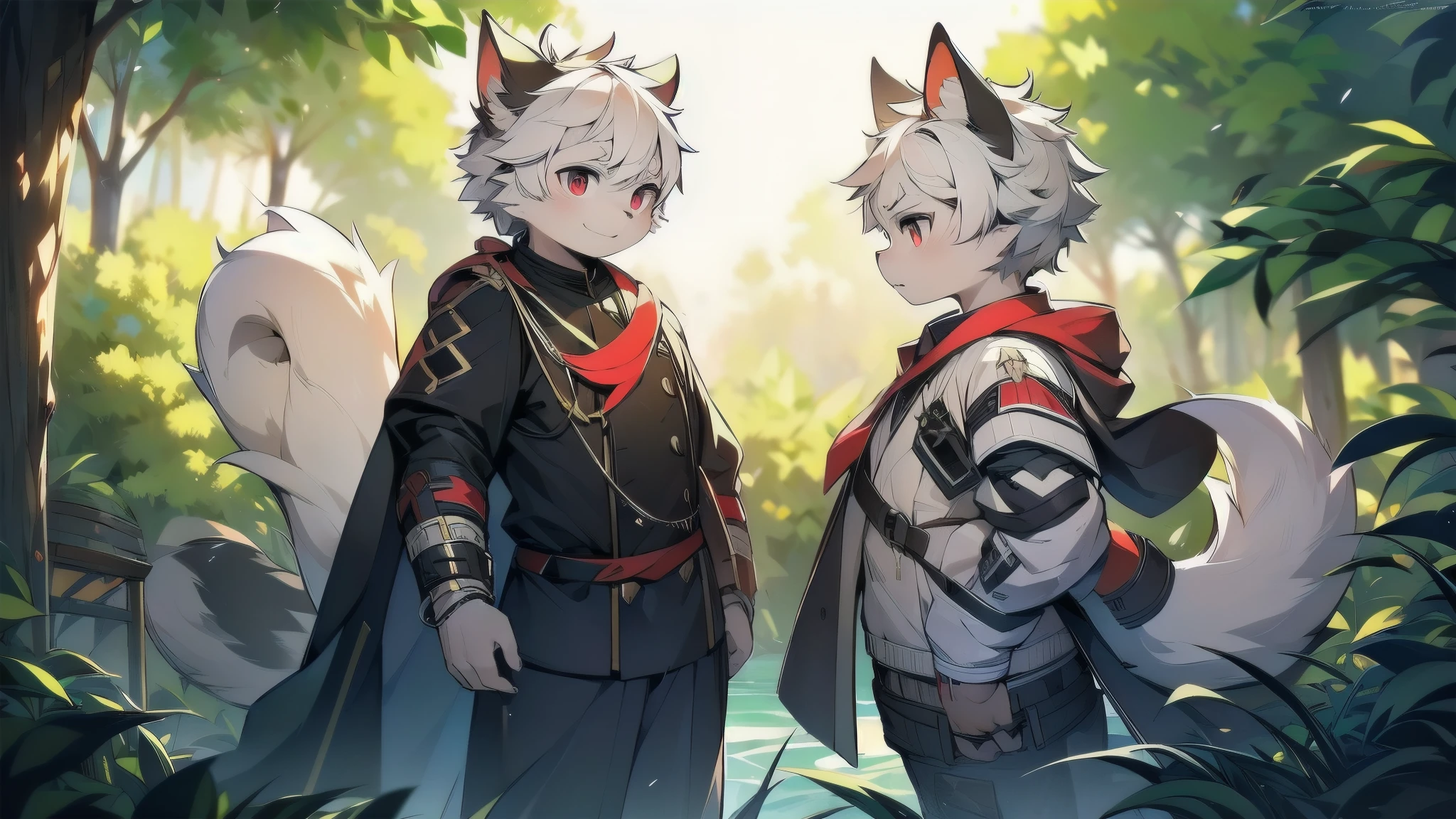 Male cats,gray hair,red pupils,white hair,Mature boy,German officer uniform suit,hairy,war,commander,Handsome,masterpiece,soft lines,wind element,the only person,full body portrait,Arknights style