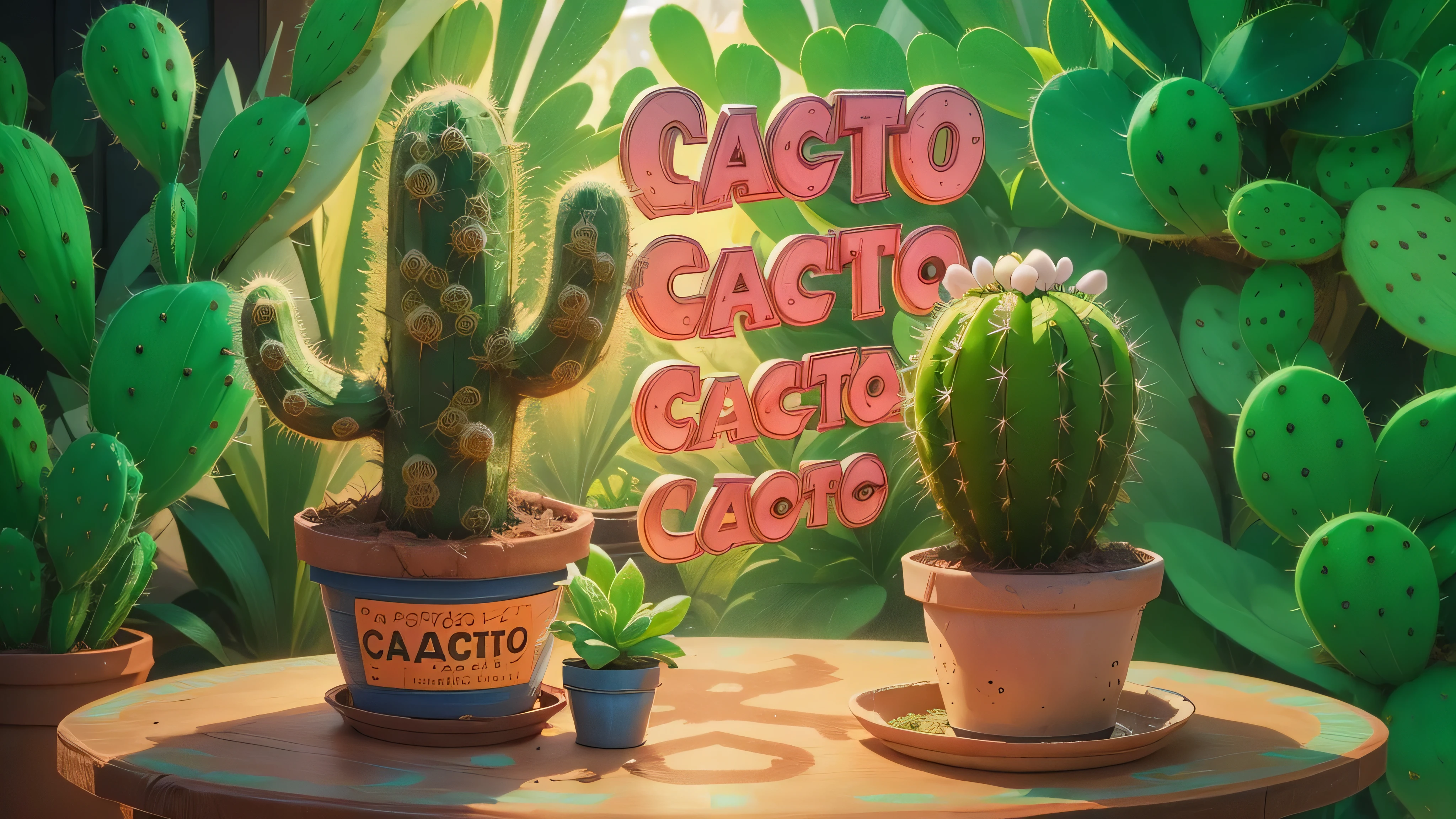 cactus plants are on a table with a sign that says cactus cactus coffee co, Cactos, cactus and pearls on the head, cacto, cacto do deserto peiote, robotic cactus design, Cactos everywhere, anthropomorphic cactus, inspirado em Carlos Catasse, cacto e flores, com cactos no quarto, cacto irregular, Game illustration