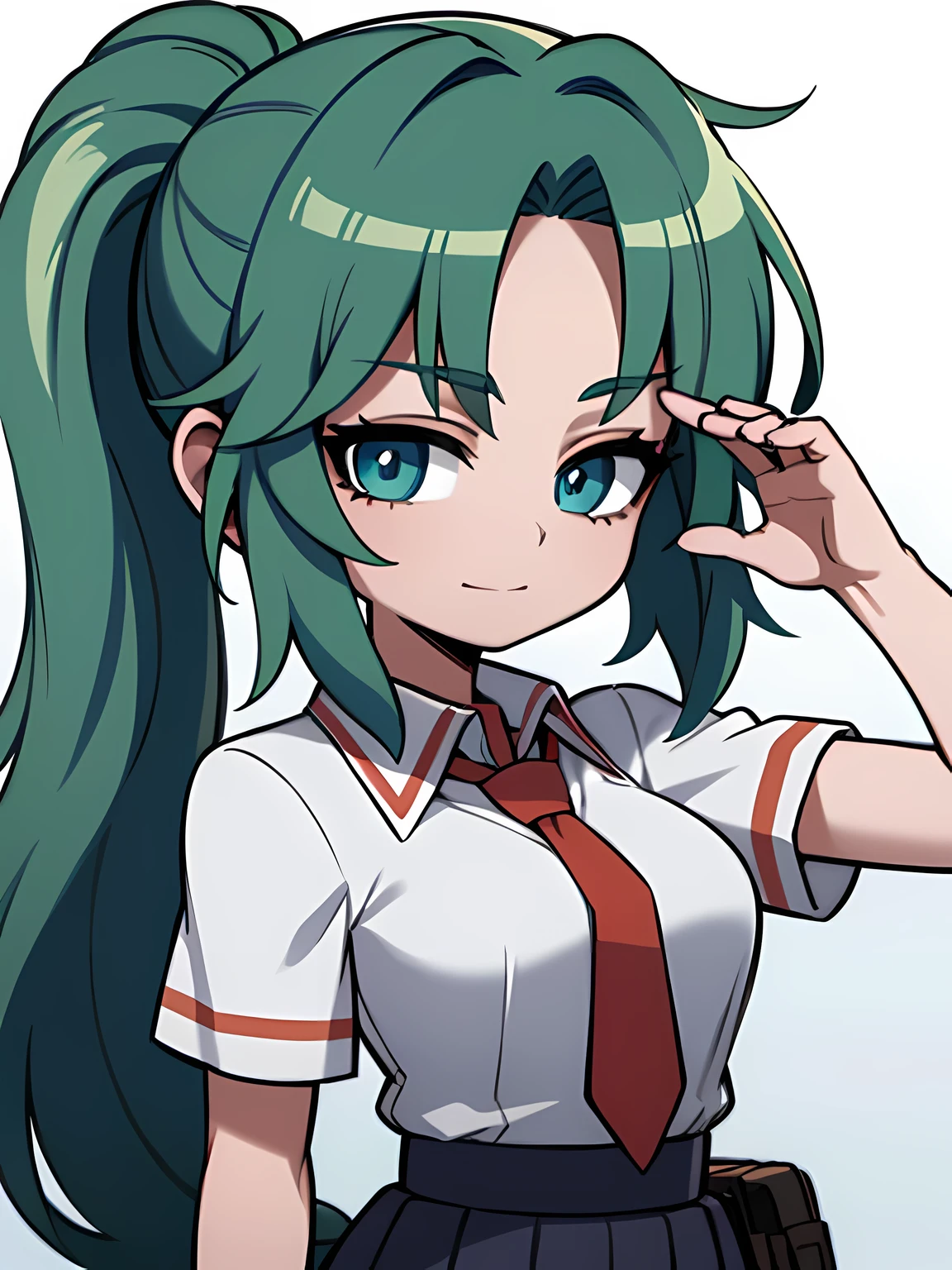 1 girl,One,Upper body,I look at the viewer,facing the viewer,Sonozaki Mion,long hair,green hair,High ponytail,split bangs,Blue eyes,White collared shirt,Red tie,black skirt,brown pistol holster