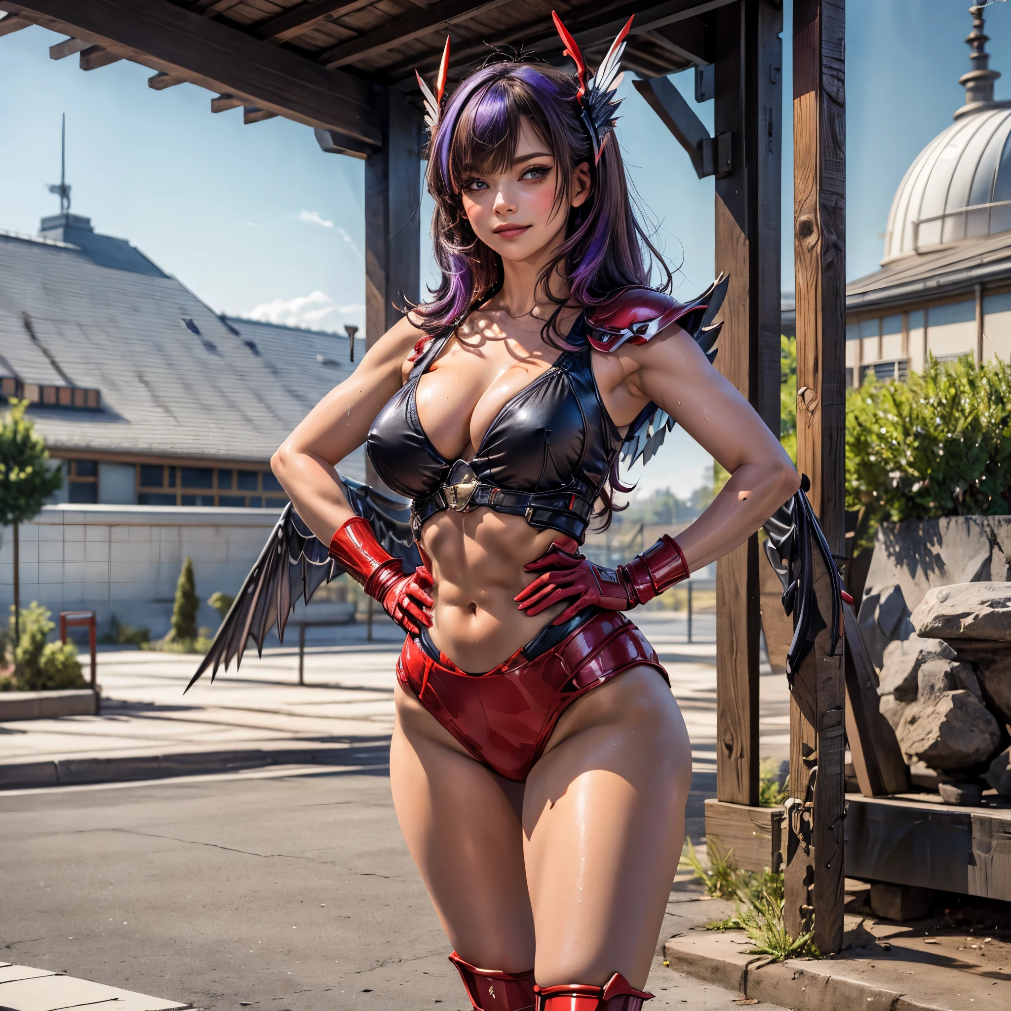 (masterpiece:1.2), (best quality:1.2), perfect eyes, perfect face, volumetric lighting, 1girl, mature female, hand on hip, flexing biceps, long hair, purple hair, seductive smile, blush, sweat, soldier, winged helmet, red armor, abs, toned, wide hips, thick thighs, huge breasts, dancing and singing, in the suburbs, high res, ultrasharp, 8K, masterpiece, HDR, 8k, absurdres, cinestill 800, sharp focus, add_detail:3