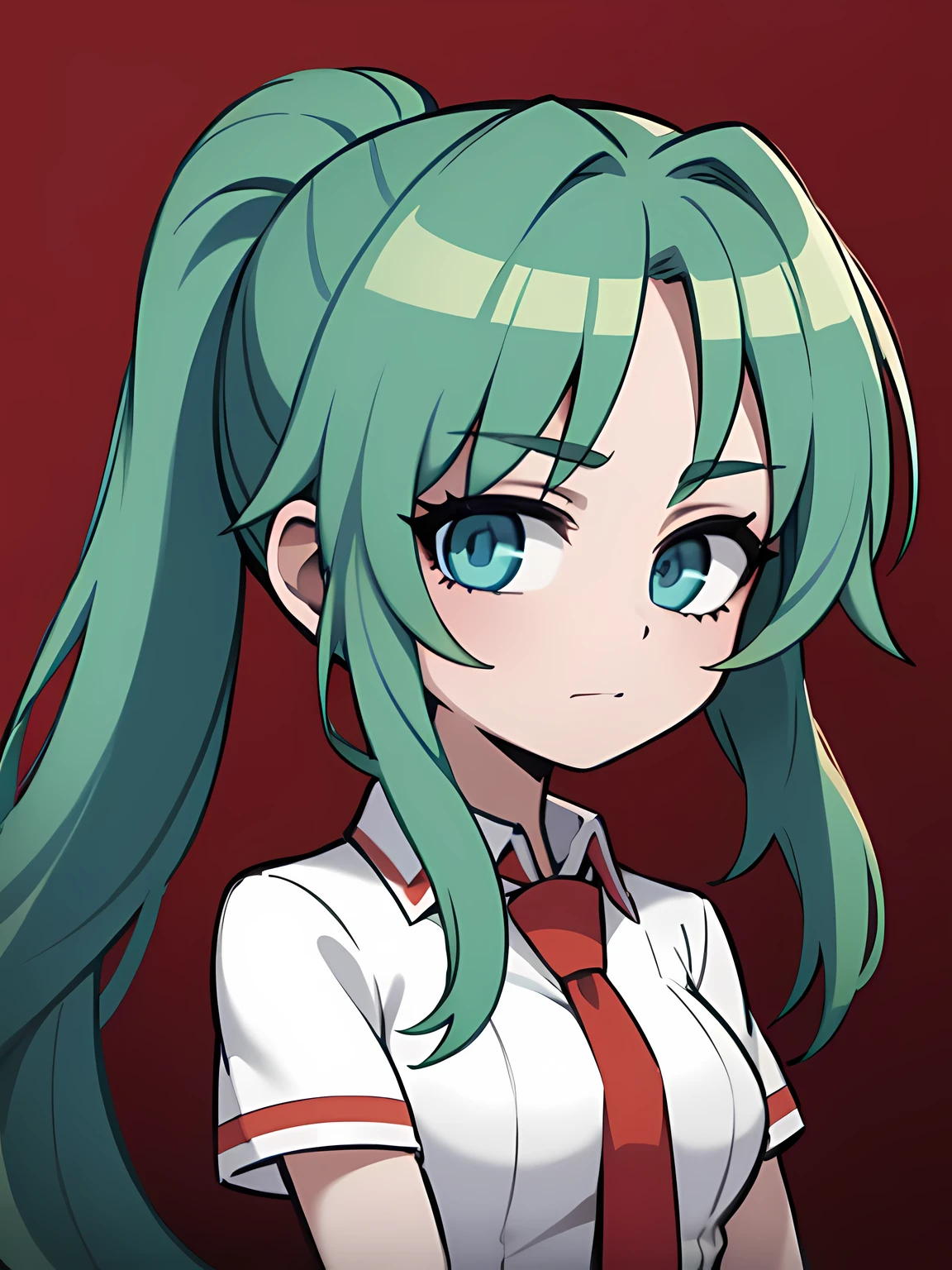 1 girl,One,Upper body,I look at the viewer,facing the viewer,Sonozaki Mion,long hair,green hair,High ponytail,split bangs,Blue eyes,White collared shirt,Red tie,black skirt,brown pistol holster