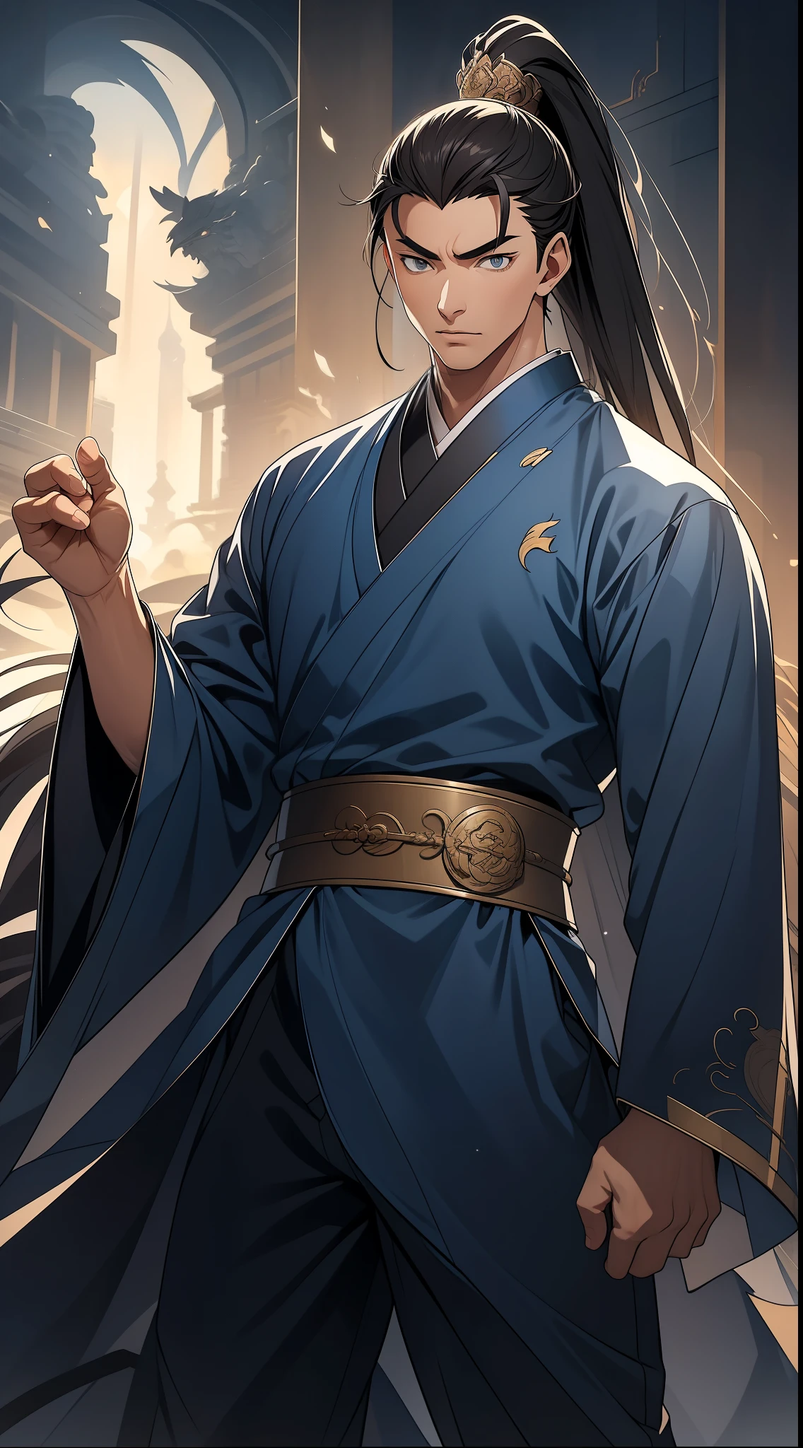 masterpiece, Excellent, daytime, 1 person, Chinese style, ancient China, Huating, eagle, turquoise brown hair, grey-blue eyes, split hair, long hair, long bangs, high ponytail, Handsome, Handsome, Serious, Moderate, High, quiet, dark clothes, gray blue clothes, Dark blue clothes, prince, sword, look down