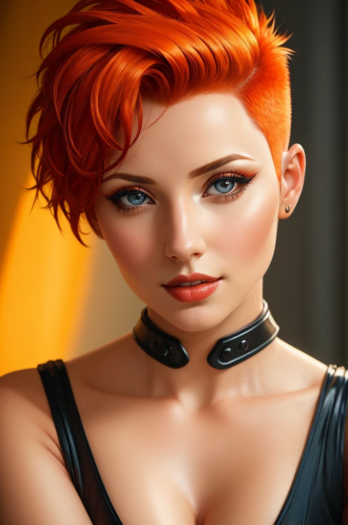 cleavage, (sharp focus:1.2), portrait, ((posing)), (beautiful face:1.1), detailed eyes, luscious lips, ((skindentation)), (bright studio lighting:1.2), portrait of woman by Flora Borsi, style by Flora Borsi, bold, bright colours, orange Mohawk haircut, ((Flora Borsi))