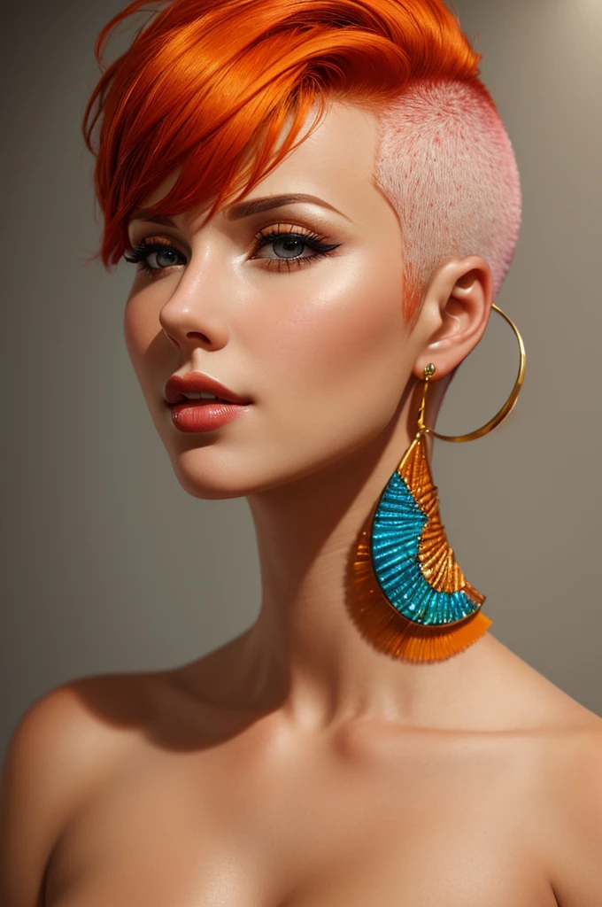 cleavage, (sharp focus:1.2), portrait, ((posing)), (beautiful face:1.1), detailed eyes, luscious lips, ((skindentation)), (bright studio lighting:1.2), portrait of woman by Flora Borsi, style by Flora Borsi, bold, bright colours, orange Mohawk haircut, ((Flora Borsi))