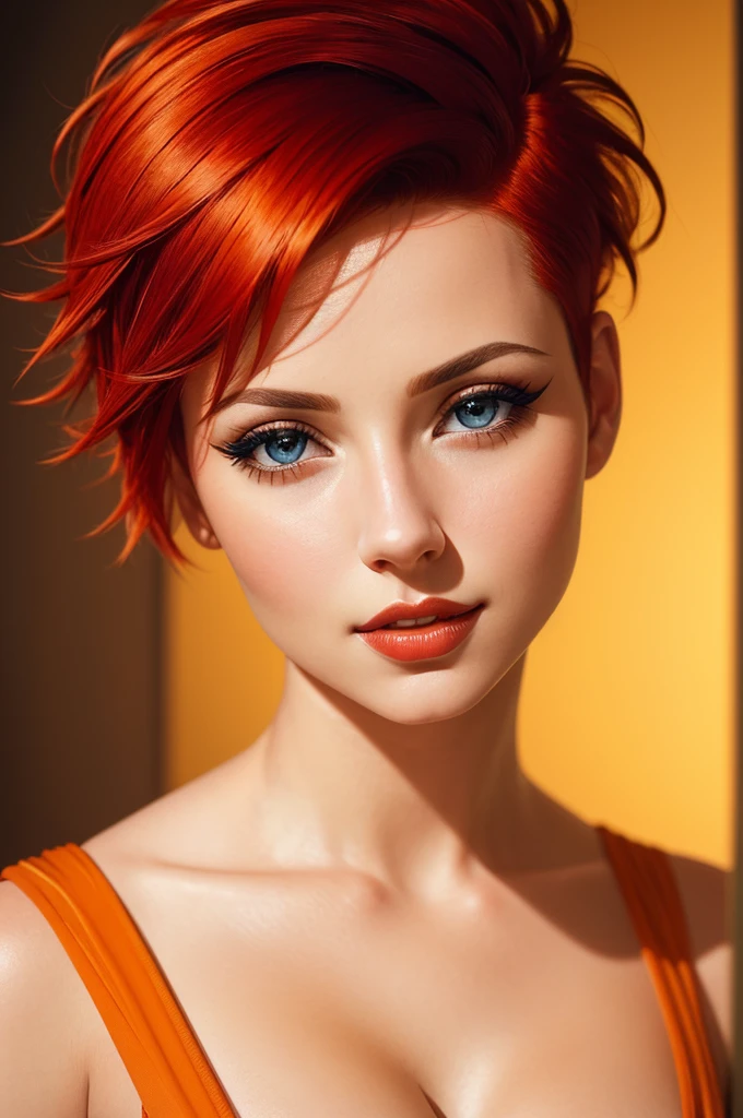 cleavage, (sharp focus:1.2), portrait, ((posing)), (beautiful face:1.1), detailed eyes, luscious lips, ((skindentation)), (bright studio lighting:1.2), portrait of woman by Flora Borsi, style by Flora Borsi, bold, bright colours, orange Mohawk haircut, ((Flora Borsi))