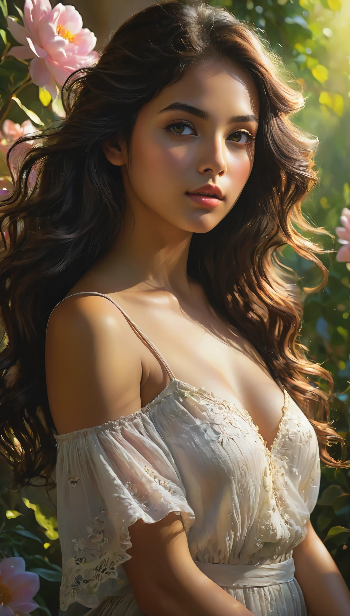 (best quality, highres, ultra-detailed, realistic:1.37), a 16yo exotic half Italian girl with breathtaking beauty under the dappled sunlight, a nude art piece in the style of photo, depicted with stunning realism and intricate details. The girl has porcelain-like skin, radiant with a soft glow. Her iridescent mesmerizing eyes are filled with depth and emotion, enhanced with long, dark lashes. Her full, luscious lips are delicately painted with a hint of natural color. Long, flowing locks of hair cascade down her back, catching the gentle rays of sunlight.
The girl stands gracefully in a picturesque garden, surrounded by vibrant flowers and lush green foliage. The warm golden sunlight filters through the branches, casting enchanting shadows on her flawless form. The scene exudes a sense of tranquility and serenity, as if time has momentarily stood still.
The textures of the flowers and leaves are rendered with rich colors and intricate details, bringing them to life on the canvas. The overall composition showcases a harmonious balance between light and shadow, accentuating the girl's ethereal beauty.
The color palette of the painting is dominated by warm tones, with hints of soft pastels to add a touch of whimsy. The sunlight bathes the scene in a warm, golden glow, illuminating the girl's fair complexion and casting a soft, romantic atmosphere.
The lighting in the artwork is carefully crafted, emphasizing the natural play of light and shadow. The subtle interplay of highlights and shadows enhances the depth and dimensionality of the girl's figure, adding a sense of realism to the painting. The soft, diffused light further enhances the dreamlike quality of the scene, creating a magical and captivating ambiance.
The resulting artwork is a masterpiece of beauty and artistry, capturing the essence of a girl's innocence and vulnerability in a mesmerizing and timeless