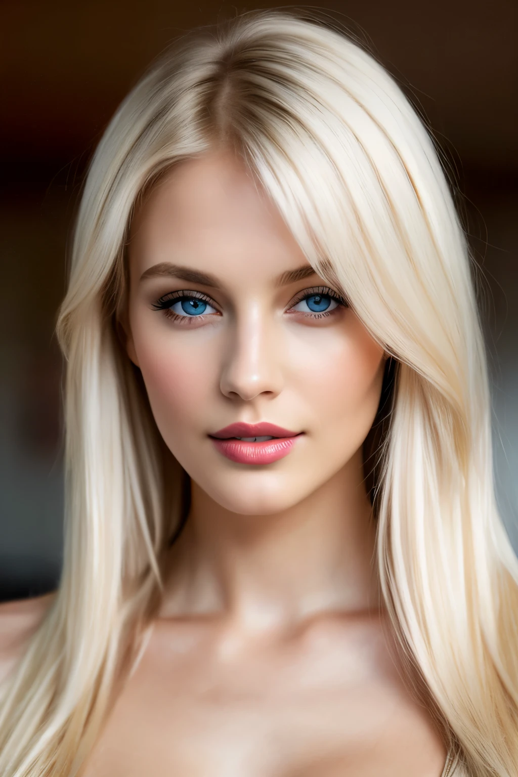 highest quality, 8k, masterpiece, realistic, High resolution, sharp focus, 1 girl, 28 year old gorgeous fashion supermodel, bright white blonde hair, cleavage, medium length hair, dull bangs, hair behind the ear, long hair, slender body shape, super detailed face, delicate lips, Moderately, beautiful eyes, lipstick, light blush, perfect shiny shiny skin, invite the gaze, view audience