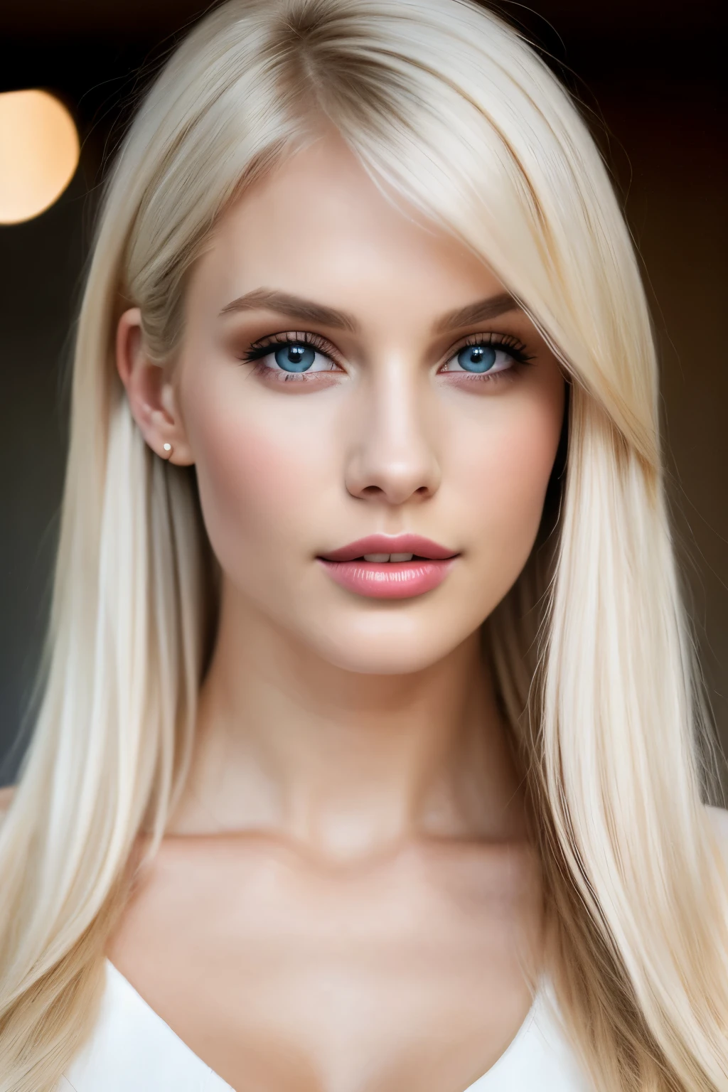 highest quality, 8k, masterpiece, realistic, High resolution, sharp focus, 1 girl, 28 year old gorgeous fashion supermodel, bright white blonde hair, cleavage, shoulder length hair, dull bangs, hair behind the ear, long hair, slender body shape, super detailed face, delicate lips, Moderately, beautiful eyes, lipstick, light blush, perfect shiny shiny skin, invite the gaze, view audience