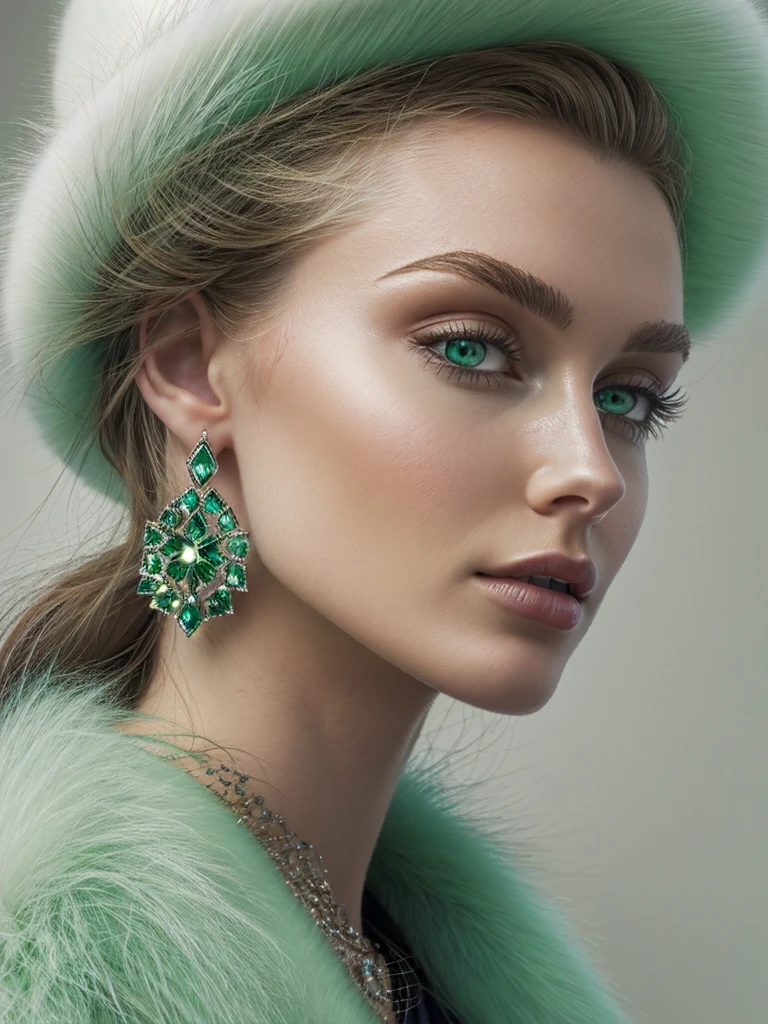 a close up of a woman wearing a Light Green hat and earrings, sleek dark fur, Light Green Fur, Russian style, very beautiful fur, fine fur, Dasha Taran, dark fur, Fur details, top hat, Anastasia Ovchinnikova, Light Green hat, synthetic fur, Elena Belova, wearing a top hat, Julia Gorokhova,Beautiful maturation, ((slim, )), photographrealistic, photograph, masterpiece, realistic, realism, photographrealism, high contrast, photographrealistic digital art trending on Artstation 8k HD high definition be familiar with realistic, be familiar with, skin texture, hyper be familiar with, realistic skin texture, armature, highest quality, 超High resolution, (photographrealistic:1.4),, High resolution, be familiar with, close up shot, sharp focus, (1 girl, european girl, Featured models), realistic skin, (slim figure), Platinum-colored side sweep shorthair, highly detailed hair, delicate face, glossy lips,