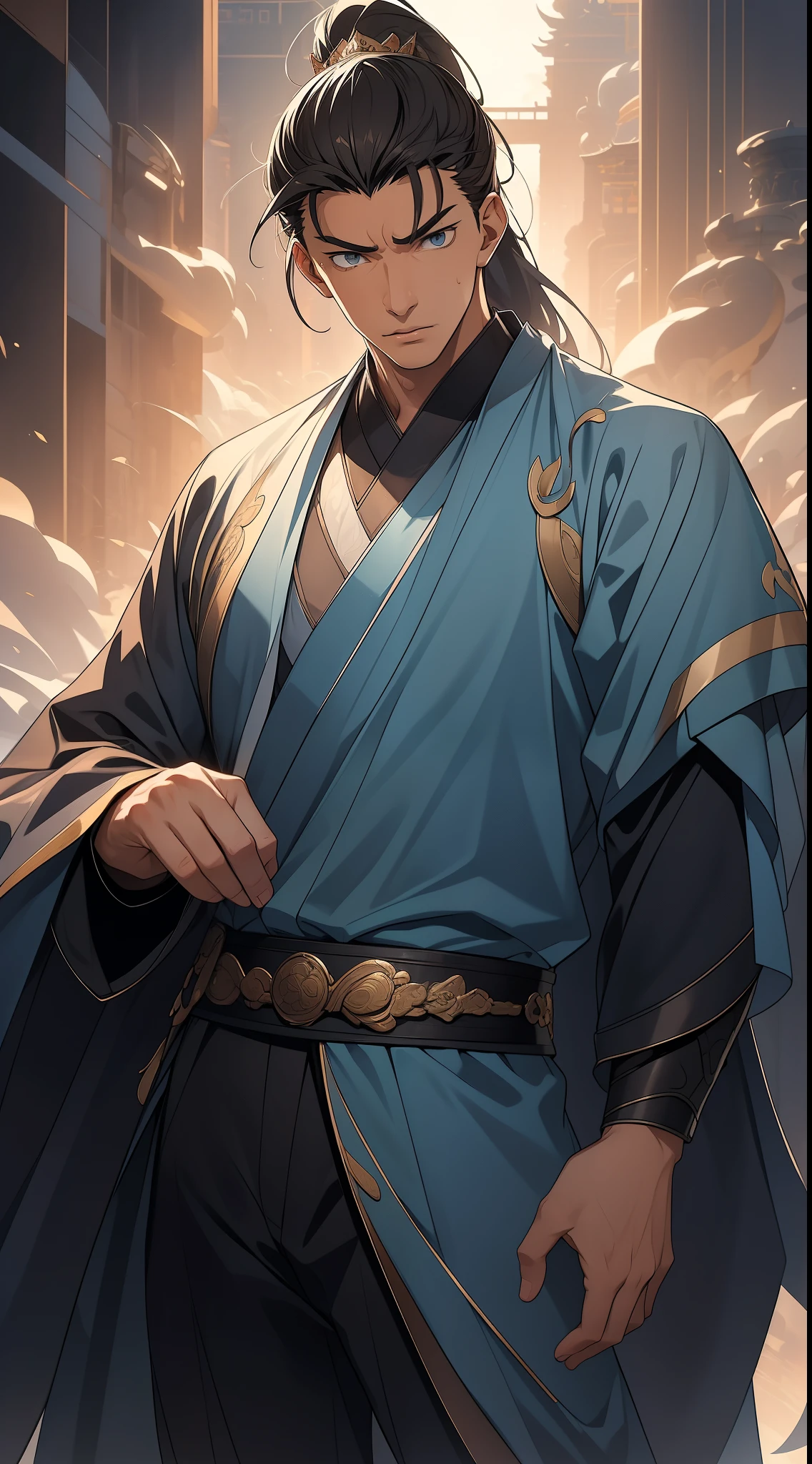 masterpiece, Excellent, daytime, 1 person, Chinese style, ancient China, Huating, eagle, turquoise brown hair, grey-blue eyes, split hair, long hair, long bangs, high ponytail, Handsome, Handsome, Serious, Moderate, High, quiet, dark clothes, gray blue clothes, Dark blue clothes, prince, sword, look down