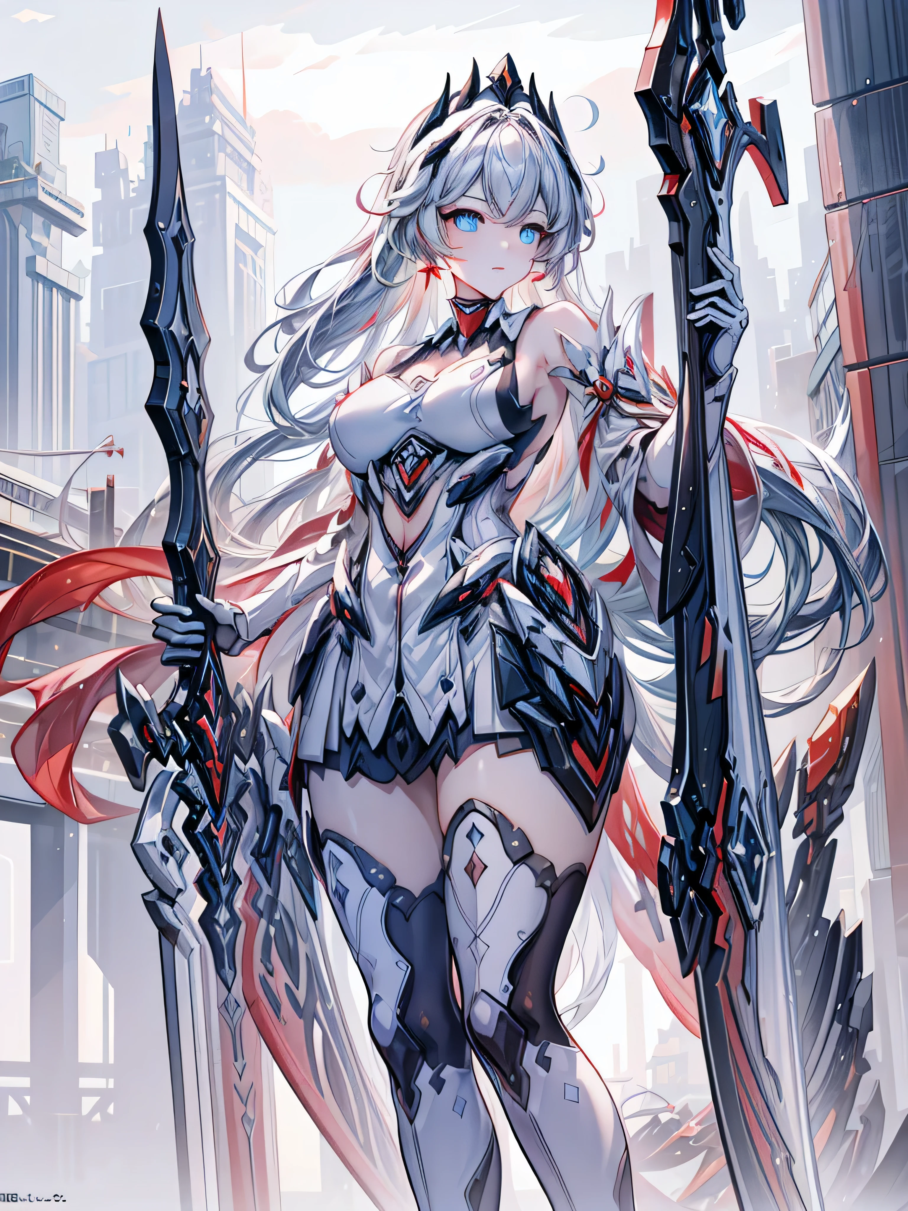 kiana from honkai impact,detailed eyes and face,beautiful detailed lips,longeyelashes,illustration,ultra-detailed,realistic:1.37,(best quality,4k,8k,highres,masterpiece:1.2),portrait,soft colors,warm lighting,action pose,background of a futuristic city,windy hair,battle costume,sparkling eyes,sword and shield,twinkling stars.