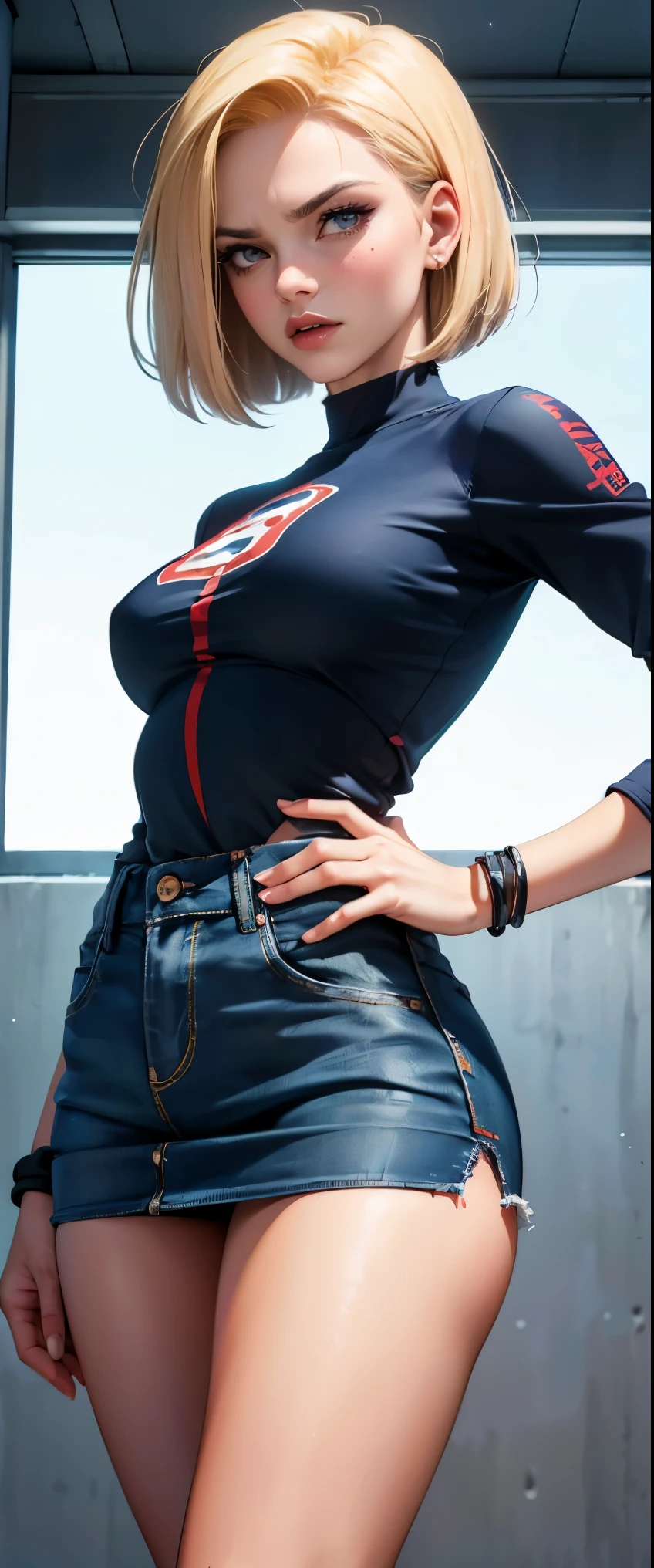 ((retrato do rosto, obra de arte, mais alta qualidade, A mais alta qualidade de imagem, high resolution, fotorrealista, Foto CRU, 8K)), Mulher muito brava com cabelo loiro curto e blusa preta, she is very angry, Minissaia jeans, android 18,  anime, (She's wearing a short skirt, Uma camisa de manga comprida, e um colete jeans fino), (Figura muito detalhada), garota saiyajin, beautiful portrait of android 18, pose casual, pose durona, pele detalhada, olhos azuis, visible thighs, in dynamic pose, rosto sombrio, ficar com as pernas abertas, ((A tela diz "android 18" em letras grandes)),
