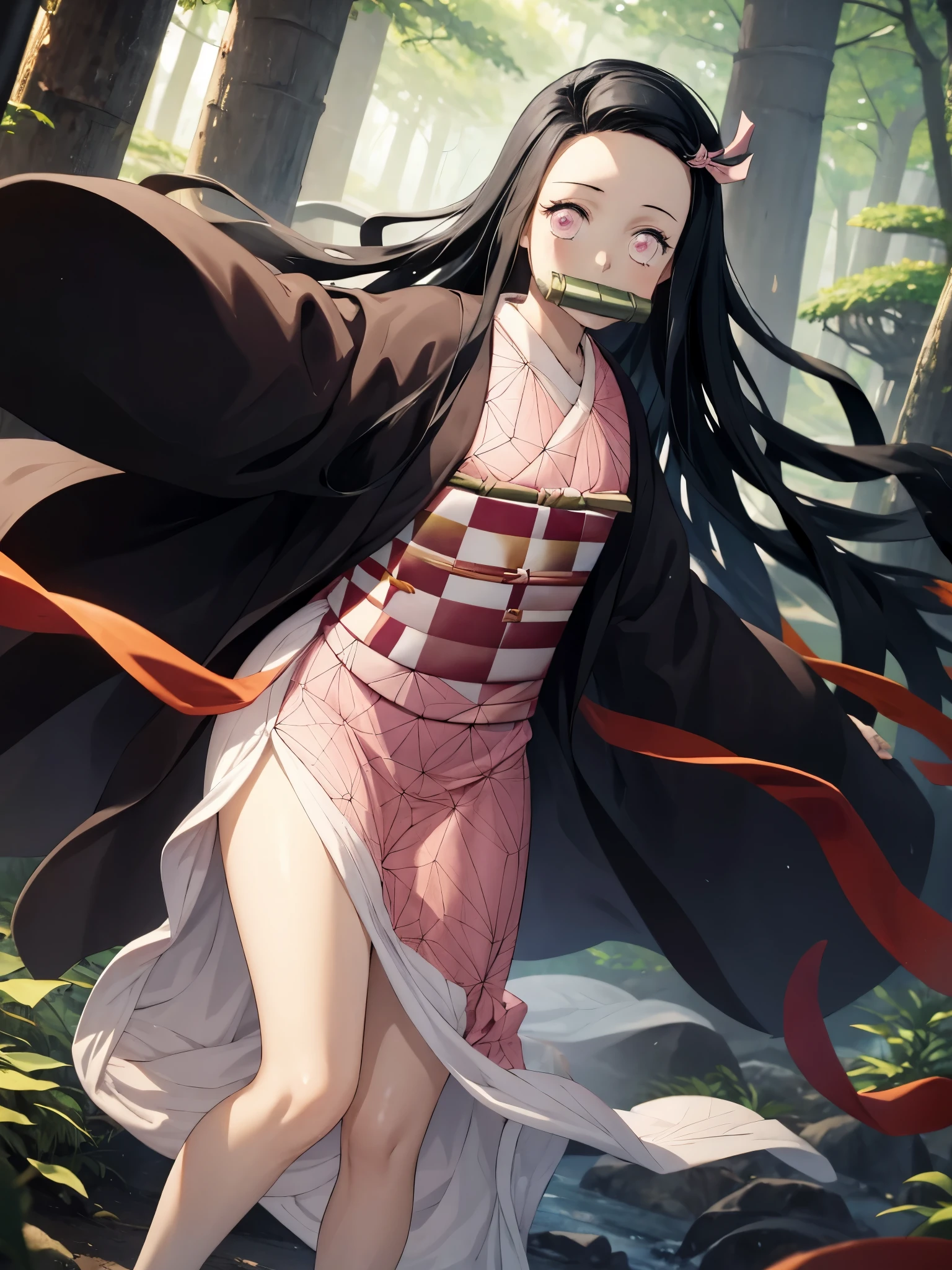 masterpiece, Kamado, Nezuko, fullbody, 1girl, solo, pink color theme, piece of bamboo in her mouth, manga style, pink yukata, looking at the viewer, side front pose, dark forest on the background