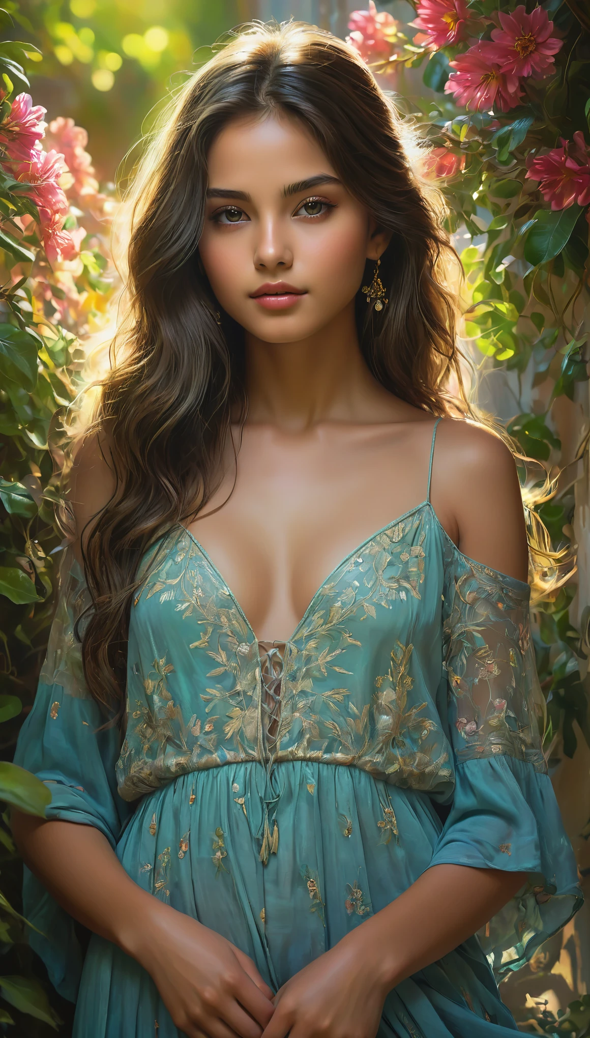 (best quality, highres, ultra-detailed, realistic:1.37), a 16yo exotic half Italian girl with breathtaking beauty under the dappled sunlight, a nude art piece in the style of photo, depicted with stunning realism and intricate details. The girl has porcelain-like skin, radiant with a soft glow. Her mesmerizing eyes are filled with depth and emotion, enhanced with long, dark lashes. Her full, luscious lips are delicately painted with a hint of natural color. Long, flowing locks of hair cascade down her back, catching the gentle rays of sunlight.
The girl stands gracefully in a picturesque garden, surrounded by vibrant flowers and lush green foliage. The warm golden sunlight filters through the branches, casting enchanting shadows on her flawless form. The scene exudes a sense of tranquility and serenity, as if time has momentarily stood still.
The textures of the flowers and leaves are rendered with rich colors and intricate details, bringing them to life on the canvas. The overall composition showcases a harmonious balance between light and shadow, accentuating the girl's ethereal beauty.
The color palette of the painting is dominated by warm tones, with hints of soft pastels to add a touch of whimsy. The sunlight bathes the scene in a warm, golden glow, illuminating the girl's fair complexion and casting a soft, romantic atmosphere.
The lighting in the artwork is carefully crafted, emphasizing the natural play of light and shadow. The subtle interplay of highlights and shadows enhances the depth and dimensionality of the girl's figure, adding a sense of realism to the painting. The soft, diffused light further enhances the dreamlike quality of the scene, creating a magical and captivating ambiance.
The resulting artwork is a masterpiece of beauty and artistry, capturing the essence of a girl's innocence and vulnerability in a mesmerizing and timeless