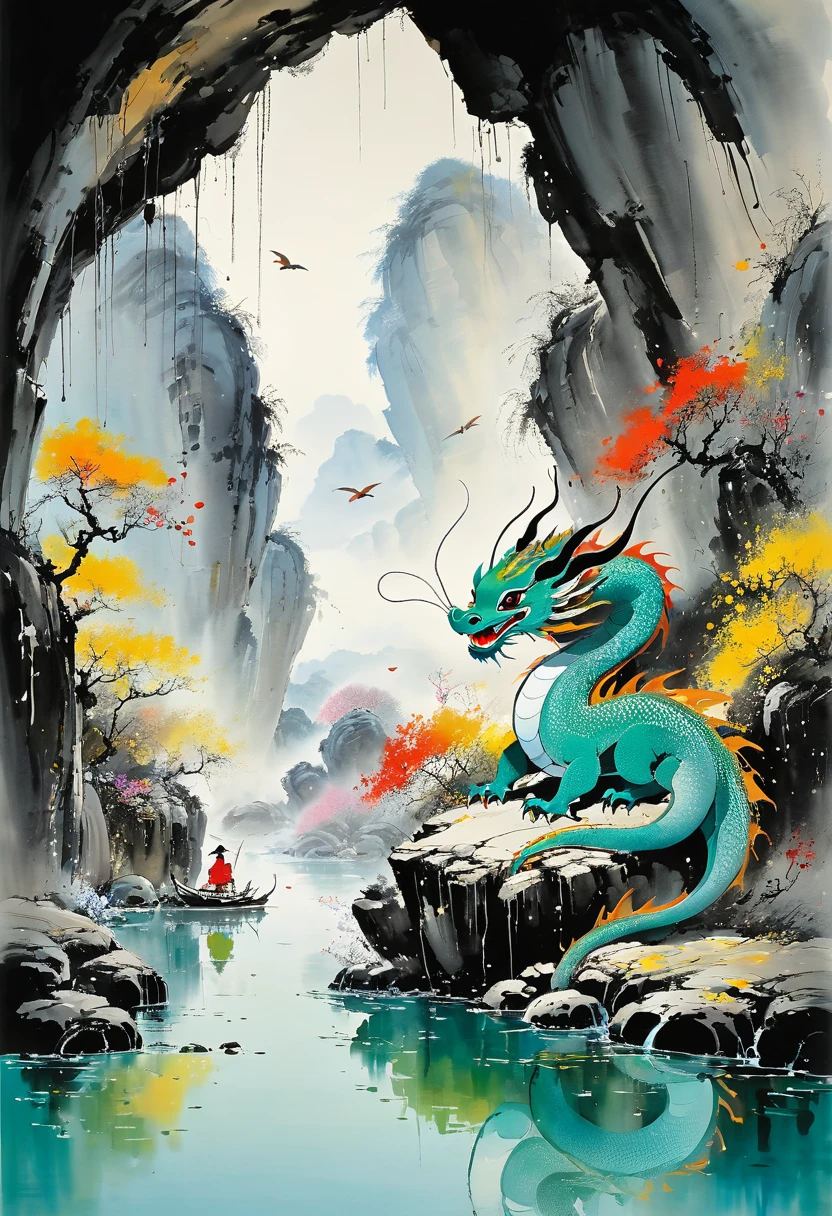 Wu Guanzhong paints a picture, the painting depicts a beautiful baby dragon, dancing in a cave, full compliance with the style of Wu Guanzhong, combining traditional Chinese ink painting techniques with Western painting concepts, unique visual effects using color and lines.