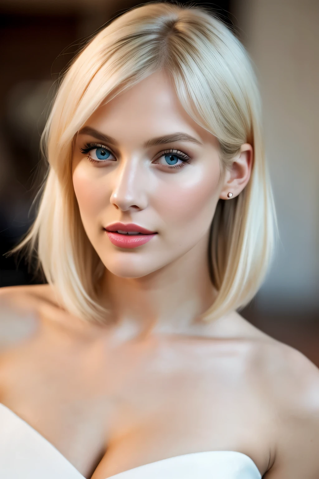 highest quality, 8k, masterpiece, realistic, High resolution, sharp focus, 1 girl, 28 year old gorgeous fashion supermodel, ((Nude, nipple, pubic hair )), ((Full body)), bright white blonde hair, cleavage, short hair, dull bangs, hair behind the ear, long hair, slender body shape, super detailed face, delicate lips, Moderately, beautiful eyes, lipstick, light blush, perfect shiny shiny skin, invite the gaze, view audience