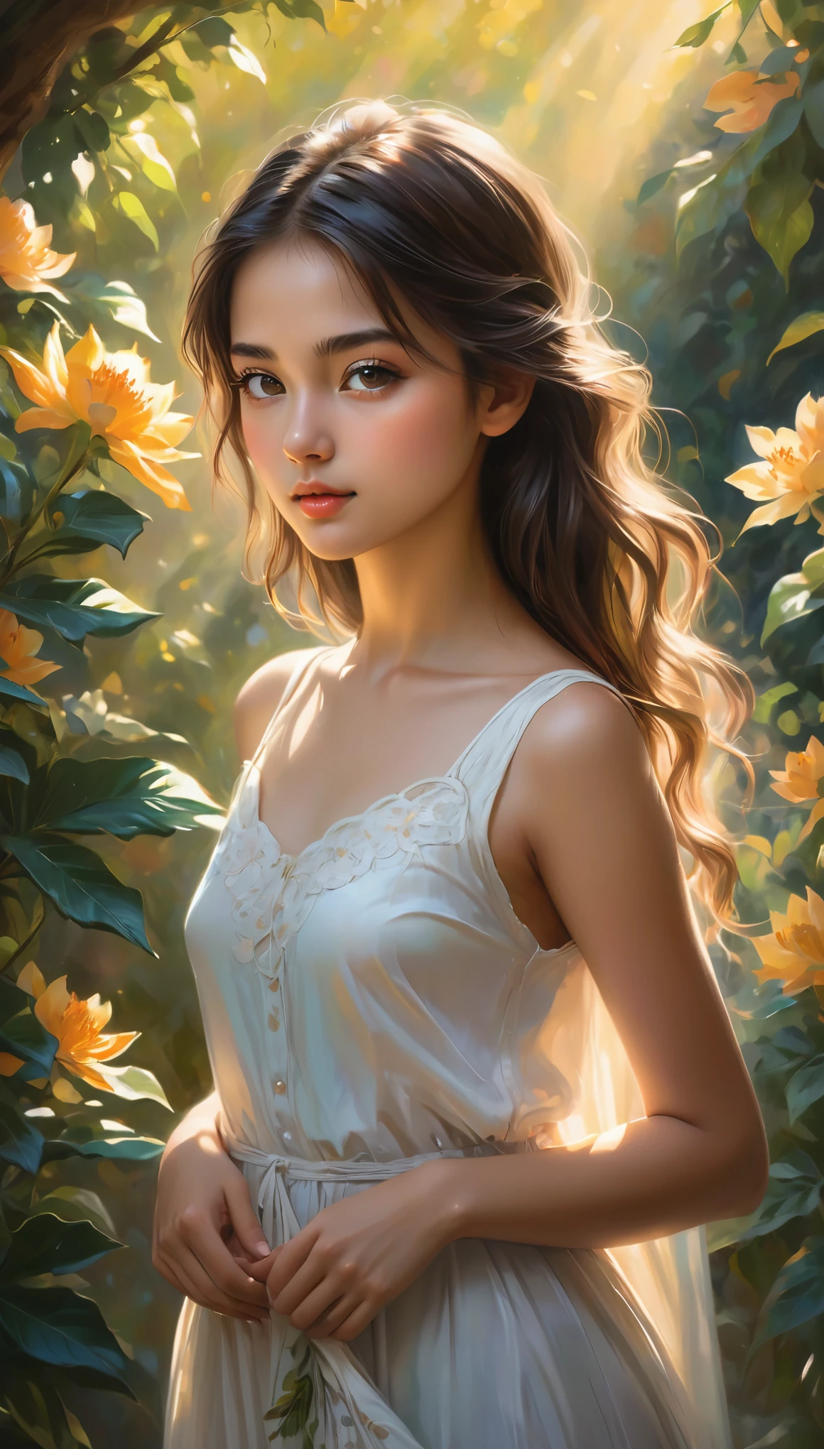 (best quality, highres, ultra-detailed, realistic:1.37), a  exotic half Italian girl with breathtaking beauty under the dappled sunlight, a nude art piece in the style of oil painting, depicted with stunning realism and intricate details. The girl has porcelain-like skin, radiant with a soft glow. Her mesmerizing eyes are filled with depth and emotion, enhanced with long, dark lashes. Her full, luscious lips are delicately painted with a hint of natural color. Long, flowing locks of hair cascade down her back, catching the gentle rays of sunlight.

The girl stands gracefully in a picturesque garden, surrounded by vibrant flowers and lush green foliage. The warm golden sunlight filters through the branches, casting enchanting shadows on her flawless form. The scene exudes a sense of tranquility and serenity, as if time has momentarily stood still.

The textures of the flowers and leaves are rendered with rich colors and intricate details, bringing them to life on the canvas. The overall composition showcases a harmonious balance between light and shadow, accentuating the girl's ethereal beauty.

The color palette of the painting is dominated by warm tones, with hints of soft pastels to add a touch of whimsy. The sunlight bathes the scene in a warm, golden glow, illuminating the girl's fair complexion and casting a soft, romantic atmosphere.

The lighting in the artwork is carefully crafted, emphasizing the natural play of light and shadow. The subtle interplay of highlights and shadows enhances the depth and dimensionality of the girl's figure, adding a sense of realism to the painting. The soft, diffused light further enhances the dreamlike quality of the scene, creating a magical and captivating ambiance.

The resulting artwork is a masterpiece of beauty and artistry, capturing the essence of a girl's innocence and vulnerability in a mesmerizing and timeless 