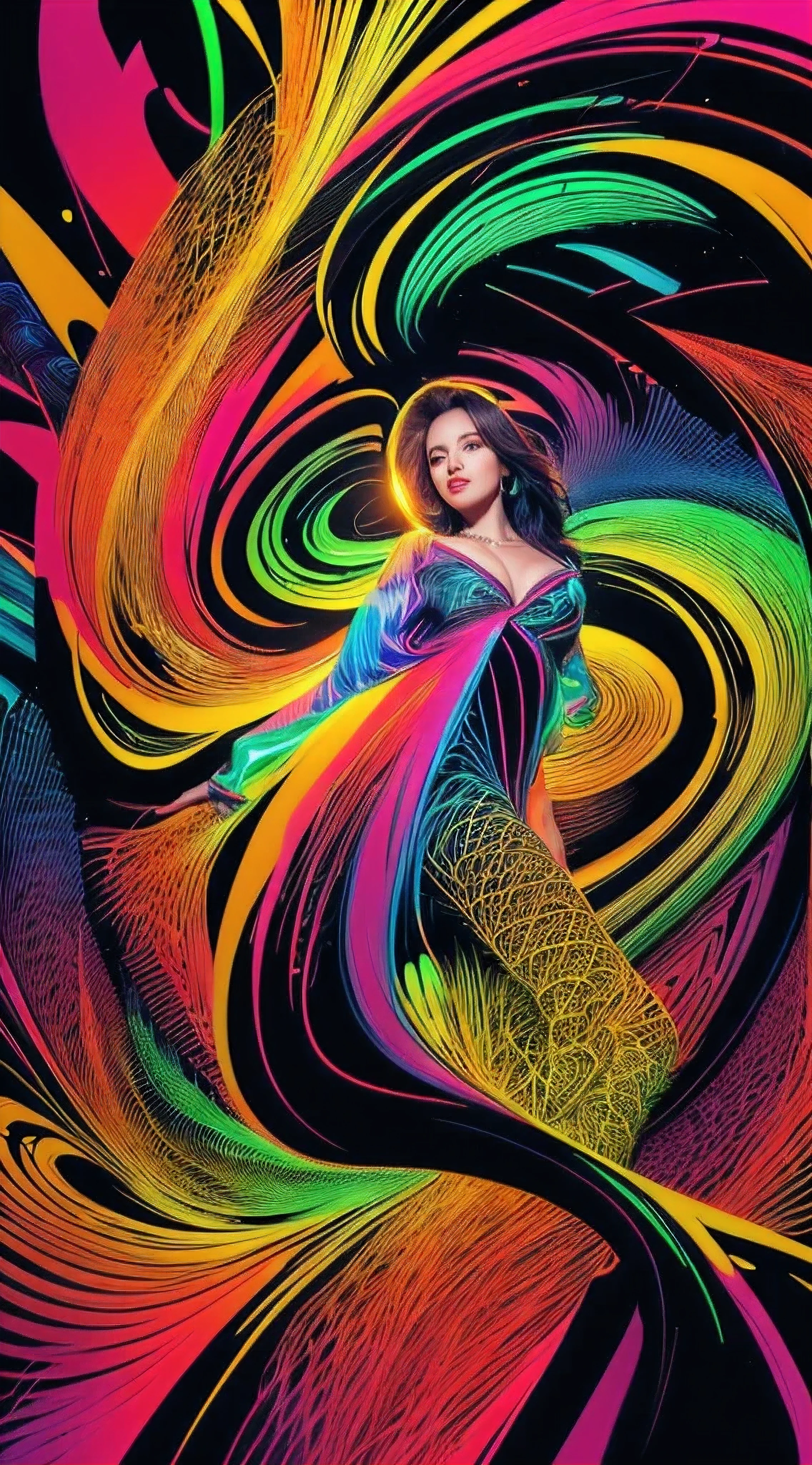 (masutepiece, of the highest quality, Best Quality, Official art, Beautiful and aesthetic:1.2), (1girl in:1.3), Extremely detailed,(Fractal Art:1.2),Colorful,highest details,( Zentangle Neon:1.2), (Dynamic Pose), (Abstract background neon:1.5), (Congressional Dresses:1.2), (Shiny skin), (Many colors:1.4), half body , medium breast, neons,16 K,Full-HD