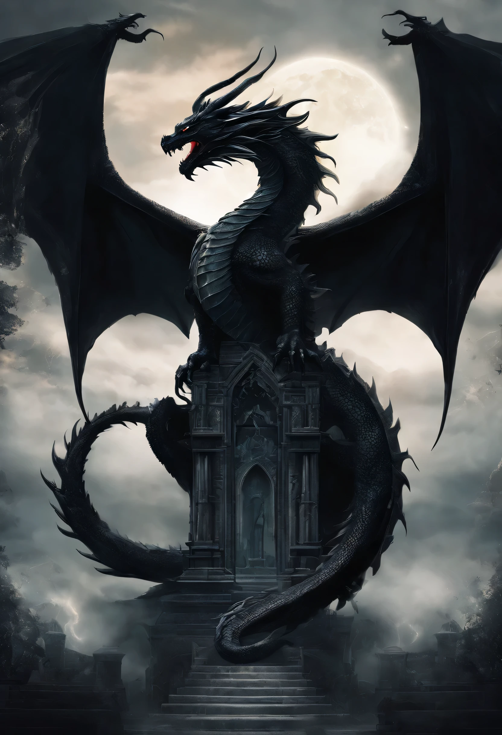 Dragon Totem, Dragon Logo Alert:

estilo:

    epic dark fantasy mystical elements:

    Winged dragon in powerful pose, de frente para o observador.
    Asas abertas, com escamas detalhadas.
    Chifres longos e curvados.
    Olhos brilhantes e penetrantes.
    Corpo musculoso e imponente.
