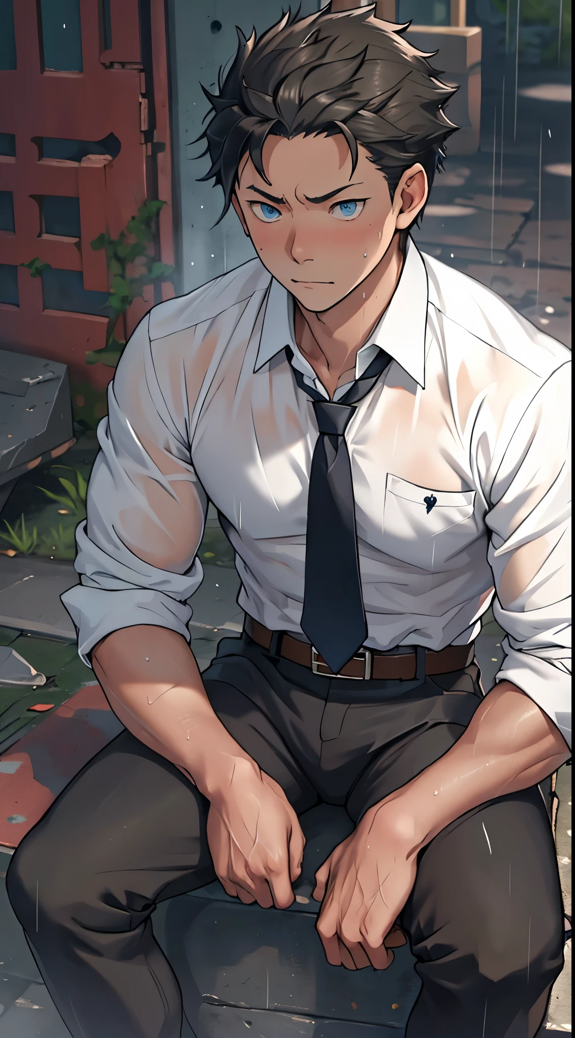 （1 adult male），high resolution， sharp focus， Pixiv masterpiece， （（intricate details））， Very detailed， Natsuki_Subaru， 1 person，sit astride，Close-up of the crotch，crotch view， lazy，Full body female love， blue eyes（eyes glow）， short hair，White shirt，wear a tie，wear a belt，breath through，rain，Soaked，Sweating in the crotch，looking from bottom to top