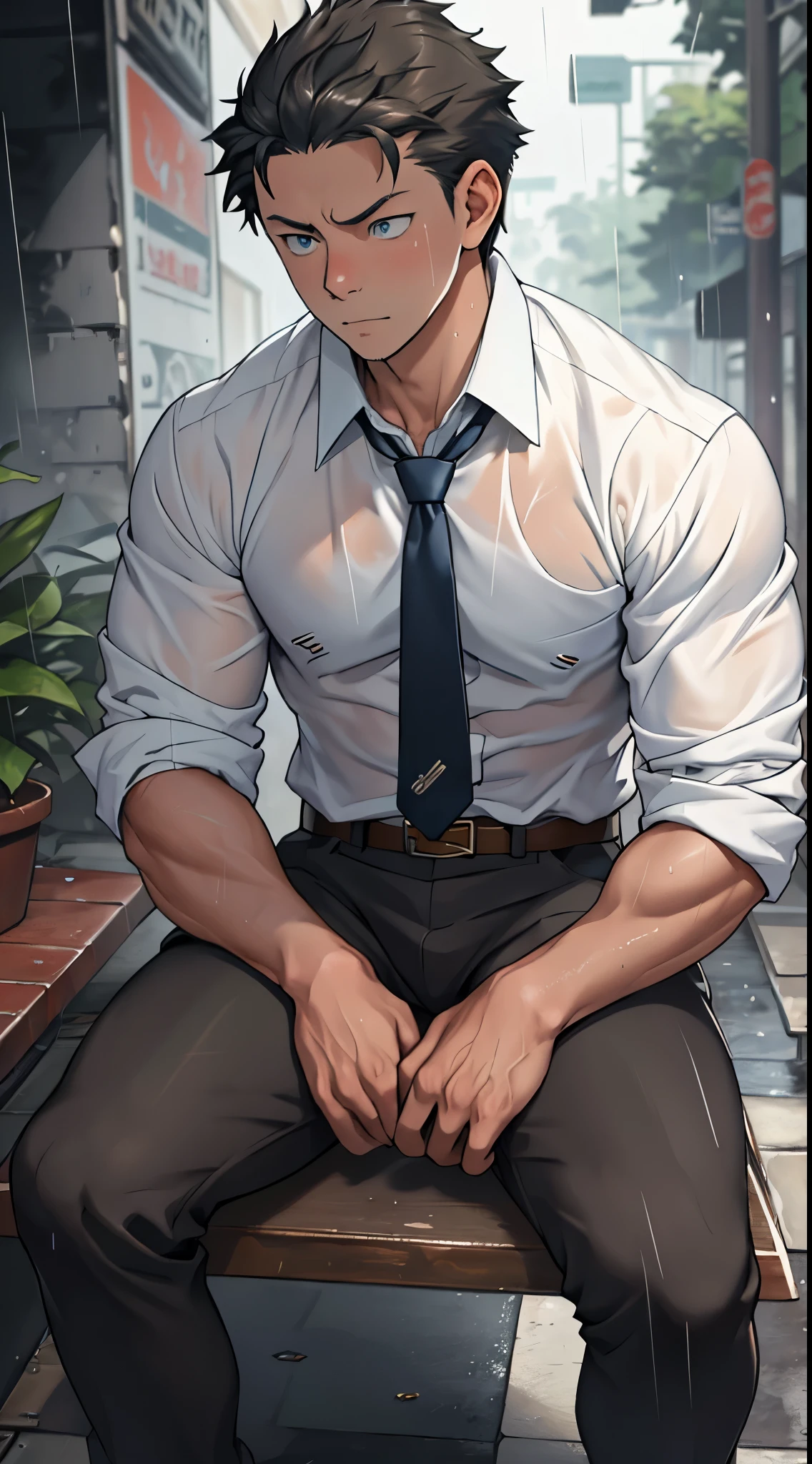 （1 adult male），high resolution， sharp focus， Pixiv masterpiece， （（intricate details））， Very detailed， Natsuki_Subaru， 1 person，sit astride，Close-up of the crotch，crotch view， lazy，Full body female love， blue eyes（eyes glow）， short hair，White shirt，wear a tie，wear a belt，breath through，rain，Soaked，Sweating in the crotch，looking from bottom to top