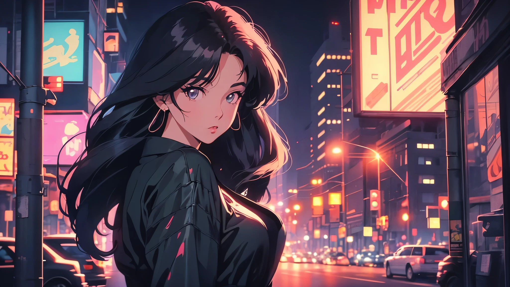 1girl,cityscape,retro artstyle,cyberpunk,night,city lights,lamppost,1980s,sci-fi,best quality:1.2,highres,ultra-detailed,realistic:1.37,vivid colors,sharp focus,physically-based rendering,longeyelashes This is a high quality picture、Super detailed、realistic paintings，Shows the image of a girl in a dark future city。The picture shows a retro artistic style，Inspired by the 1980s。A girl stands in front of a high-rise building in a city，Surrounded by bustling cityscapes and bright neon lights。There are several street lights on the city streets at night，Glow softly in the dark night。The details of the characters in the picture are very clear，Her eyes are unusually detailed、pretty，The lips are also very delicate。She wears futuristic clothes，Shows a sci-fi atmosphere。The whole picture is colorful，Detail is very sharp，Gives people a sense of reality。The overall tone of the picture is sci-fi，Showing the weirdness of future cities。also，The screen also uses physical rendering technology，Make the details of the picture more realistic，Gives people an immersive feeling。
