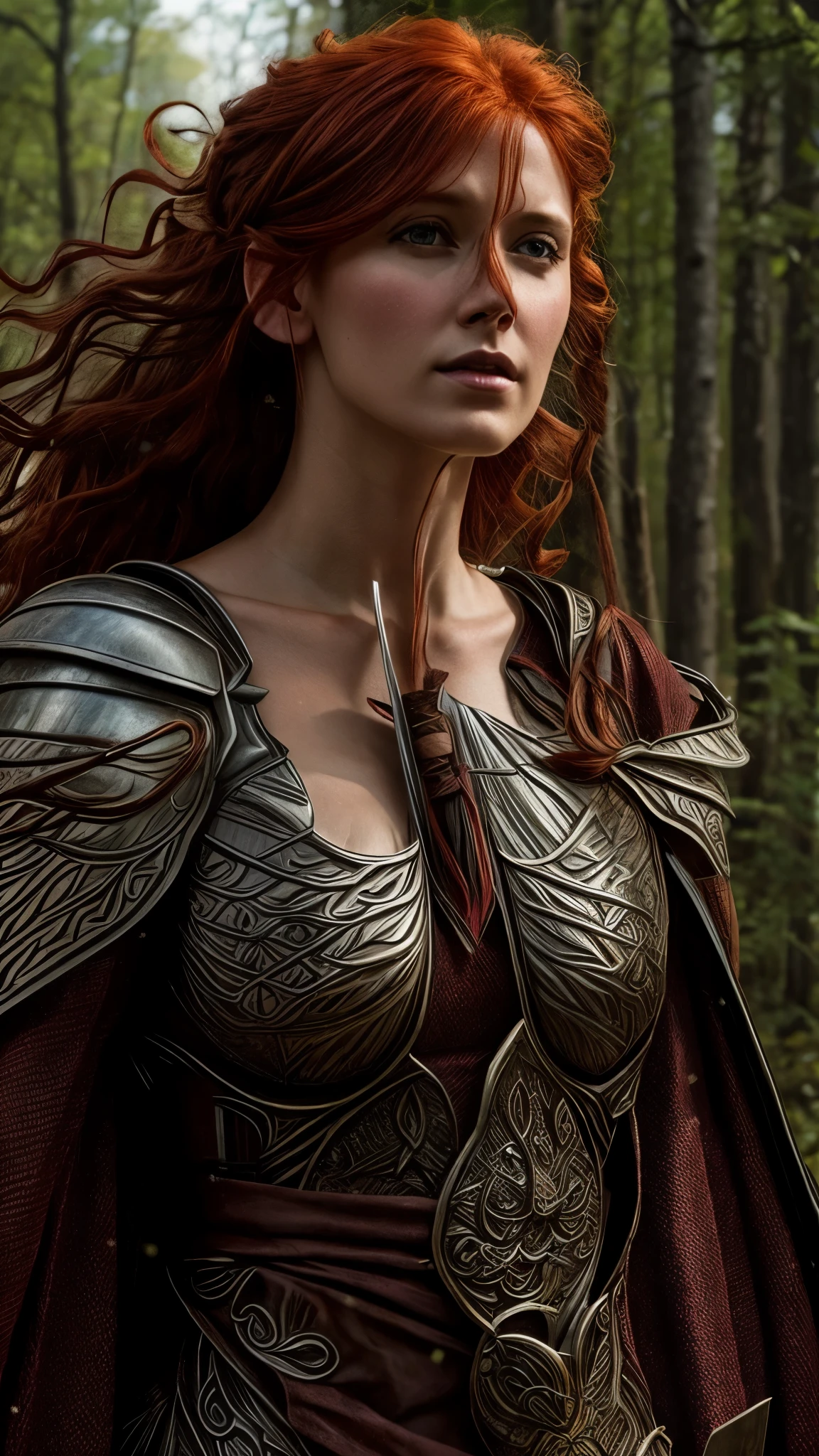 woman with long red hair, shallan davar, pre - raphaelites style, tuomas korpi and wlop, magali villeneuve and monet, still from a fantasy movie, as a medieval fantasy character, inspired by Edmund Leighton, miranda otto as eowyn, inspired by Frederick Lord Leighton