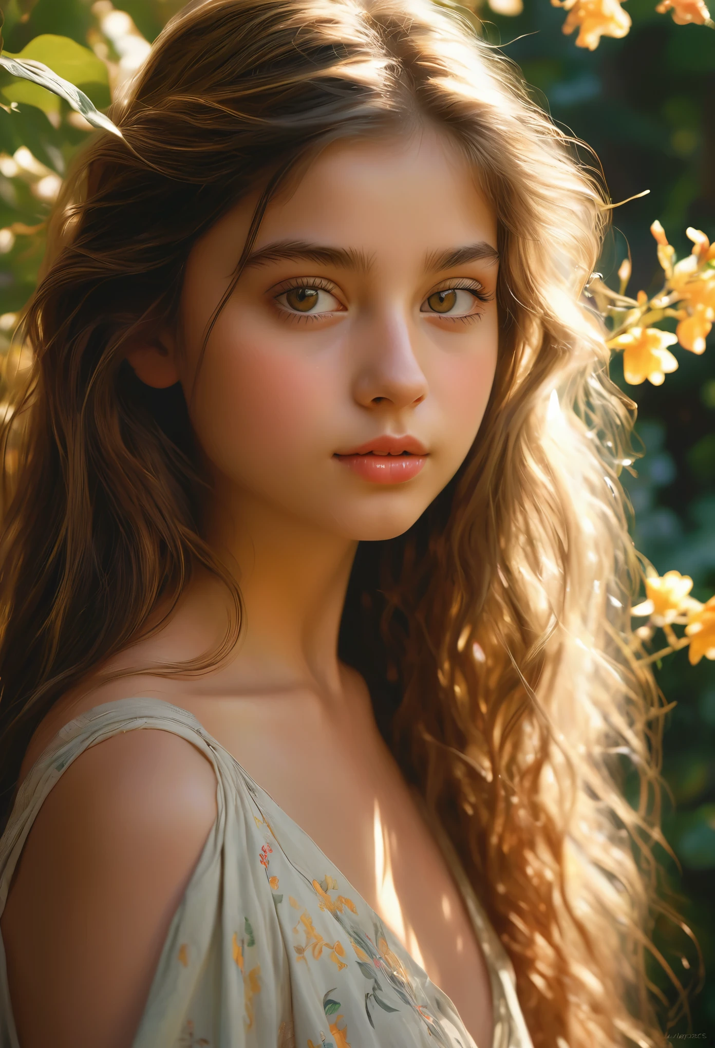 (best quality, highres, ultra-detailed, realistic:1.37), a **** half Italian girl with breathtaking beauty under the dappled sunlight, a nude art piece in the style of oil painting, depicted with stunning realism and intricate details. The girl has porcelain-like skin, radiant with a soft glow. Her mesmerizing eyes are filled with depth and emotion, enhanced with long, dark lashes. Her full, luscious lips are delicately painted with a hint of natural color. Long, flowing locks of hair cascade down her back, catching the gentle rays of sunlight.

The girl stands gracefully in a picturesque garden, surrounded by vibrant flowers and lush green foliage. The warm golden sunlight filters through the branches, casting enchanting shadows on her flawless form. The scene exudes a sense of tranquility and serenity, as if time has momentarily stood still.

The textures of the flowers and leaves are rendered with rich colors and intricate details, bringing them to life on the canvas. The overall composition showcases a harmonious balance between light and shadow, accentuating the girl's ethereal beauty.

The color palette of the painting is dominated by warm tones, with hints of soft pastels to add a touch of whimsy. The sunlight bathes the scene in a warm, golden glow, illuminating the girl's fair complexion and casting a soft, romantic atmosphere.

The lighting in the artwork is carefully crafted, emphasizing the natural play of light and shadow. The subtle interplay of highlights and shadows enhances the depth and dimensionality of the girl's figure, adding a sense of realism to the painting. The soft, diffused light further enhances the dreamlike quality of the scene, creating a magical and captivating ambiance.

The resulting artwork is a masterpiece of beauty and artistry, capturing the essence of a girl's innocence and vulnerability in a mesmerizing and timeless 