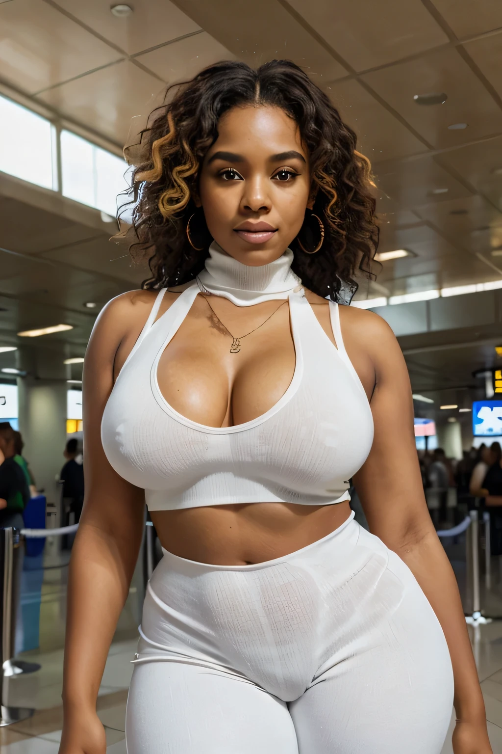 (masterpiece, best quality), beautiful woman, ((detailed white sleeveless turtleneck top)), pants, 25-year-old African American woman with brown skin, perfect body, necklace, ((voluptuous curvacious perfect body)), nipple imprint, bright lightning,
Brazilian water wave hair, perfect face, beautiful face, alluring, gorgeous eyes, happy, (Background inside an airport), (bright colors)