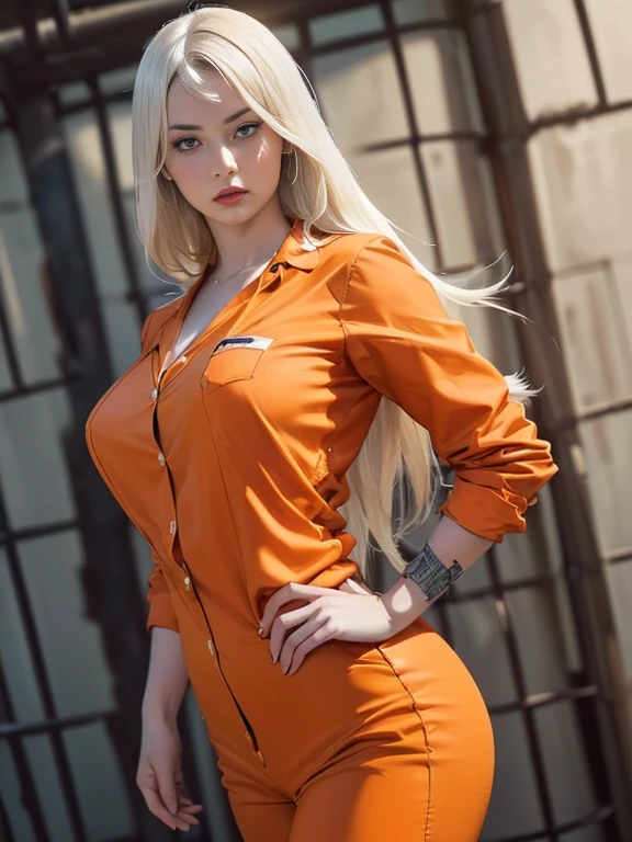 (best quality, 8k, highres, photorealistic:2.0), (solo, one girl:2.0),(lighting: front),(lighting: strong),(ultimate beautiful girl:2.0),(shiny skin),(oily skin),(platinum blonde hair:1.3),(straight long hair:2.0),Blush brown makeup , dark eye makeup , use pink glossy lipstick,(big beady eyes girl:1.5),(thin woman:1.5),(Photographed at a serious criminal prison:1.8),(A girl wearing an orange prison uniform:1.6),(woman's sex appeal:1.3),(Girl serving time for robbery and murder:1.5),(Girl who is a long-term prisoner:1.5),(A girl who was the leader of a group of robbers),(The girl is a dishonest prisoner)
