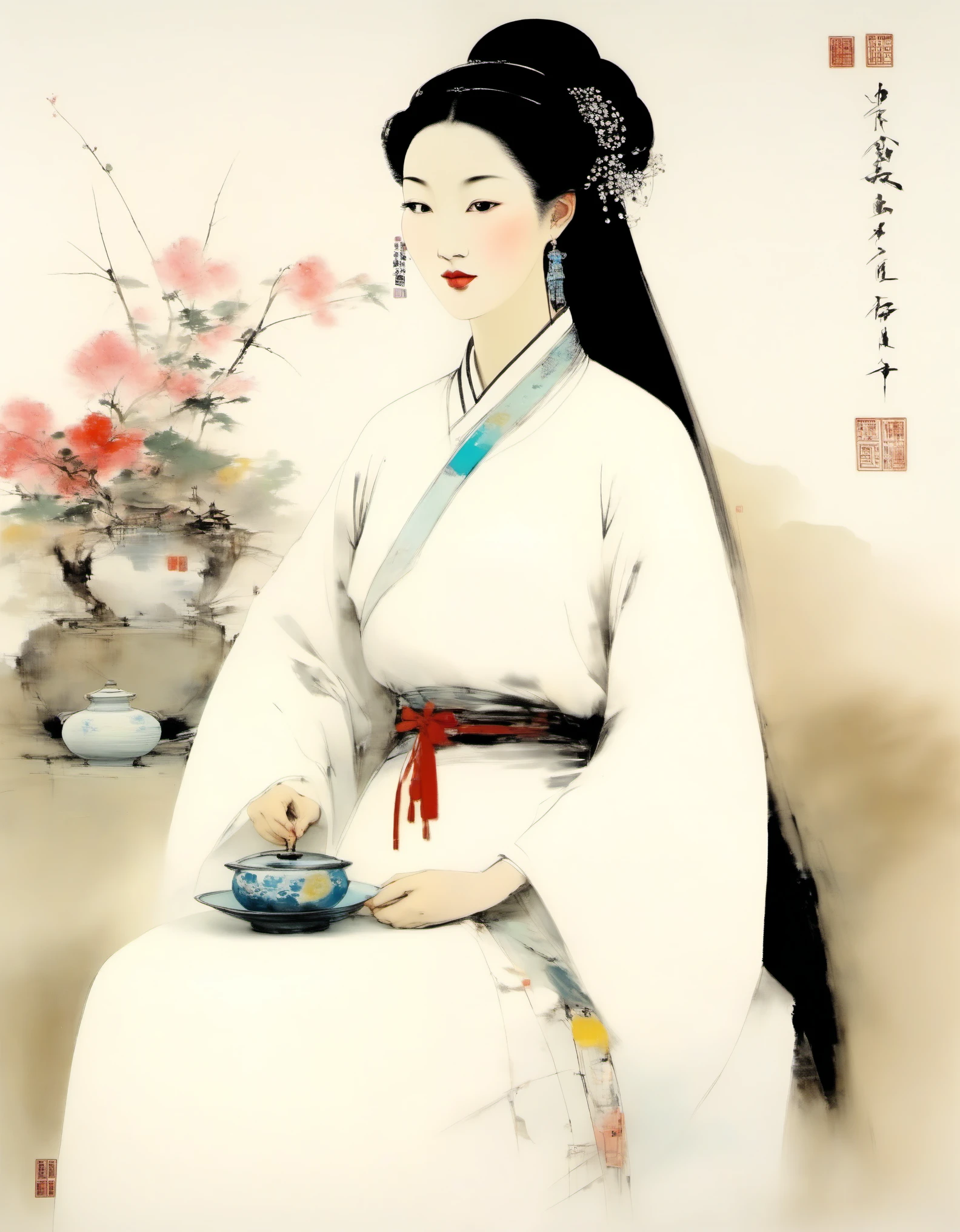 Wu Guanzhong,Chinese Tang Dynasty maid,portrait
