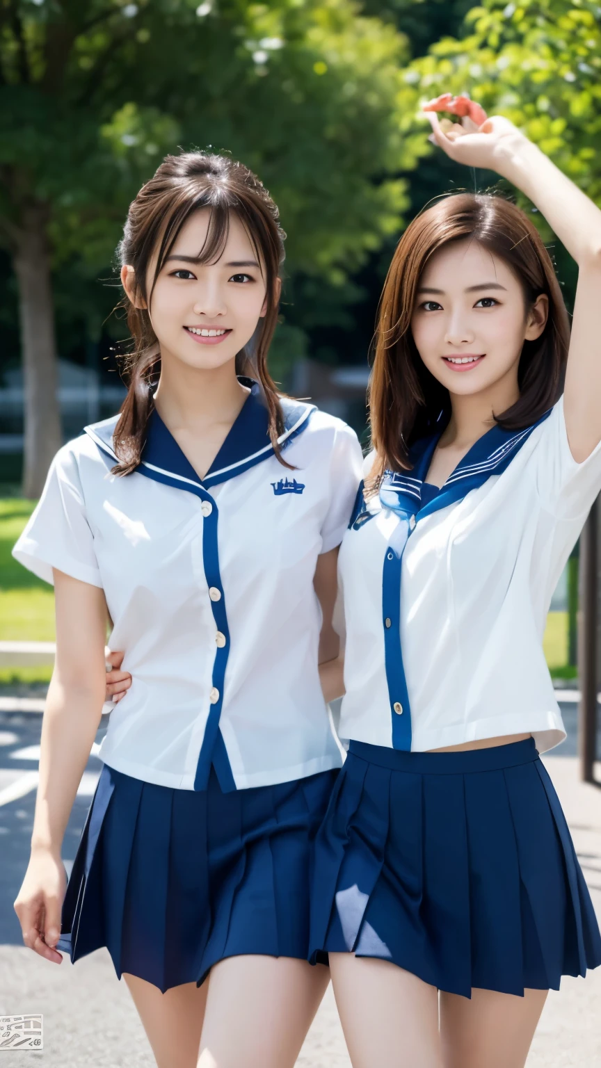 (2 girls, same height :1.2) , high school girl,、japanese girl , (smile:0.7), walking next to each other , (school playground), sailor suit uniform,sweaty body、wet hair、think, armpit, big breasts,realistic nipples, realistic butt crack, にやにやのsmile, very short hair , (high color saturation:1.0), (highly detailed skin), (highest quality:1.0), (超A high resolution:1.0) ,(realistic:1.0), (Super detailed:1.0), (8k, RAW photo:1.1)、((trimmed pubic hair))