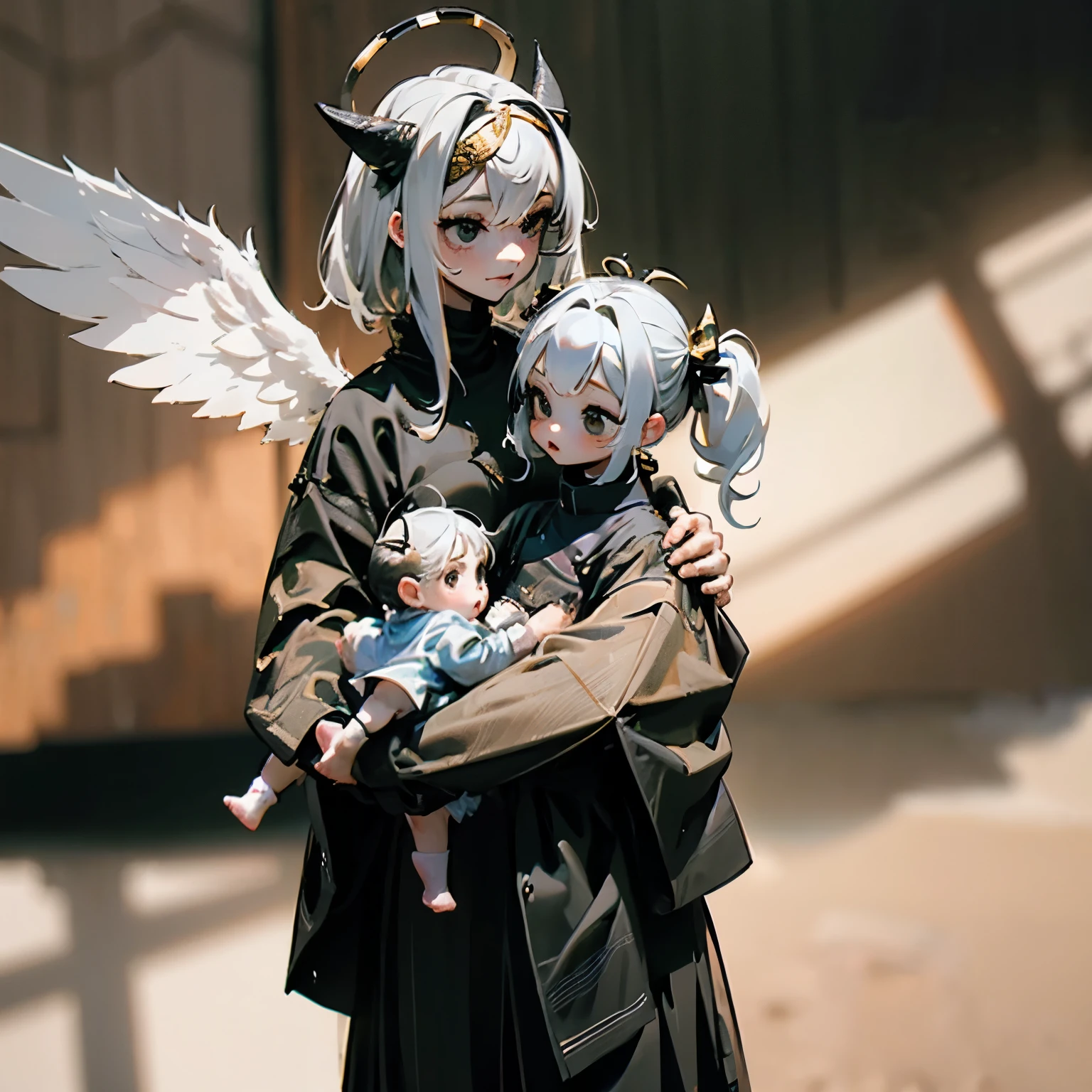 Two twin babies (girls) one baby with gray hair and the other baby with black and white hair, Both babies will have a horn and a golden halo.. One baby will have black eyes and the other baby will have one black eye and one gold eye, deben llevar vestimenta negra, Both babies will have a pair of black and gold wings.