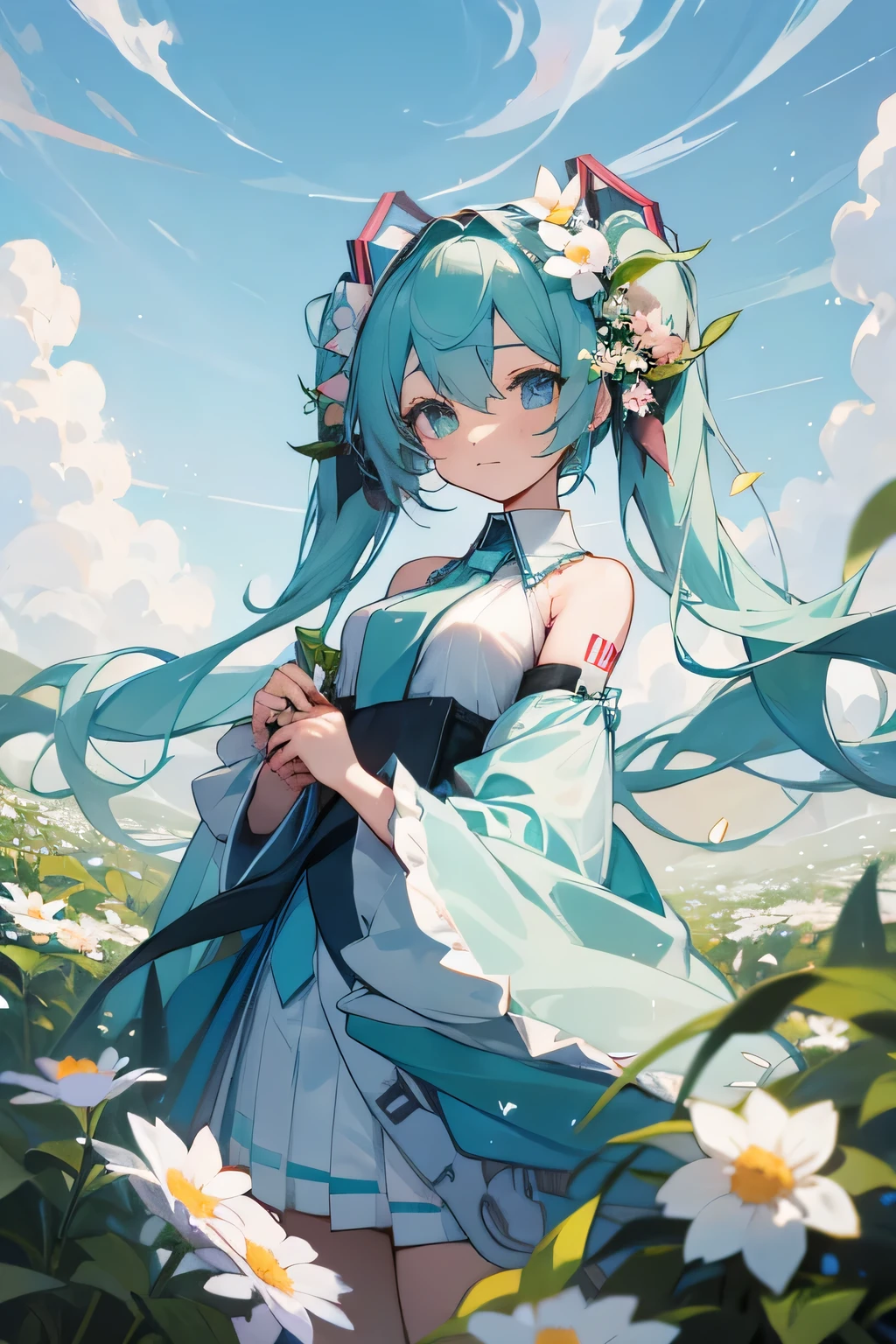 miku is surrounded by many kinds of flowers