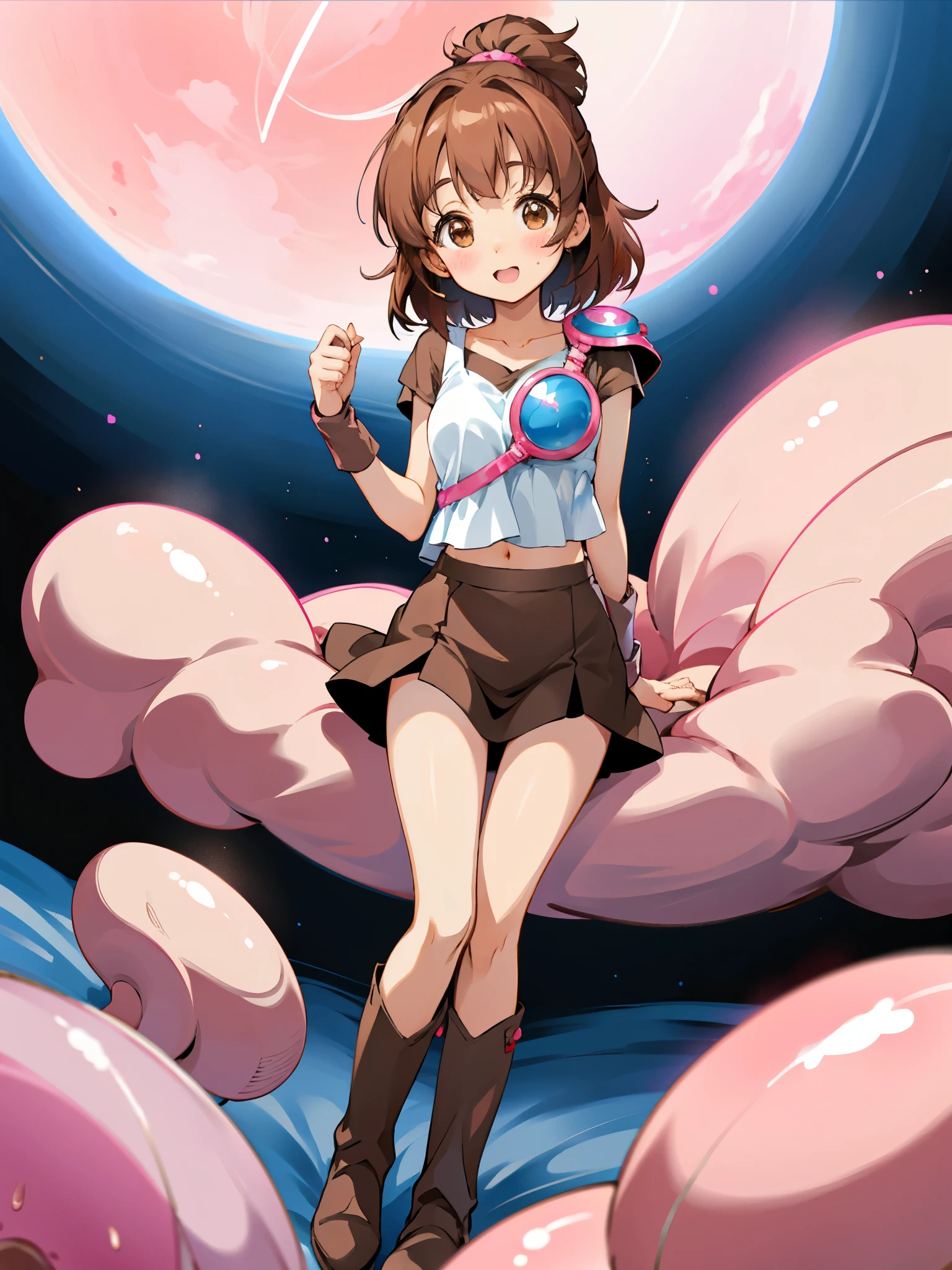 full nude)brown hair,  brown eyes, Knee-high boots, short hair, half up hair :(,living、ソファが ベッドの上のpinkのライブライト.;pink.It will be bed night(full nude)(Onaho T ) .pink穴.bra