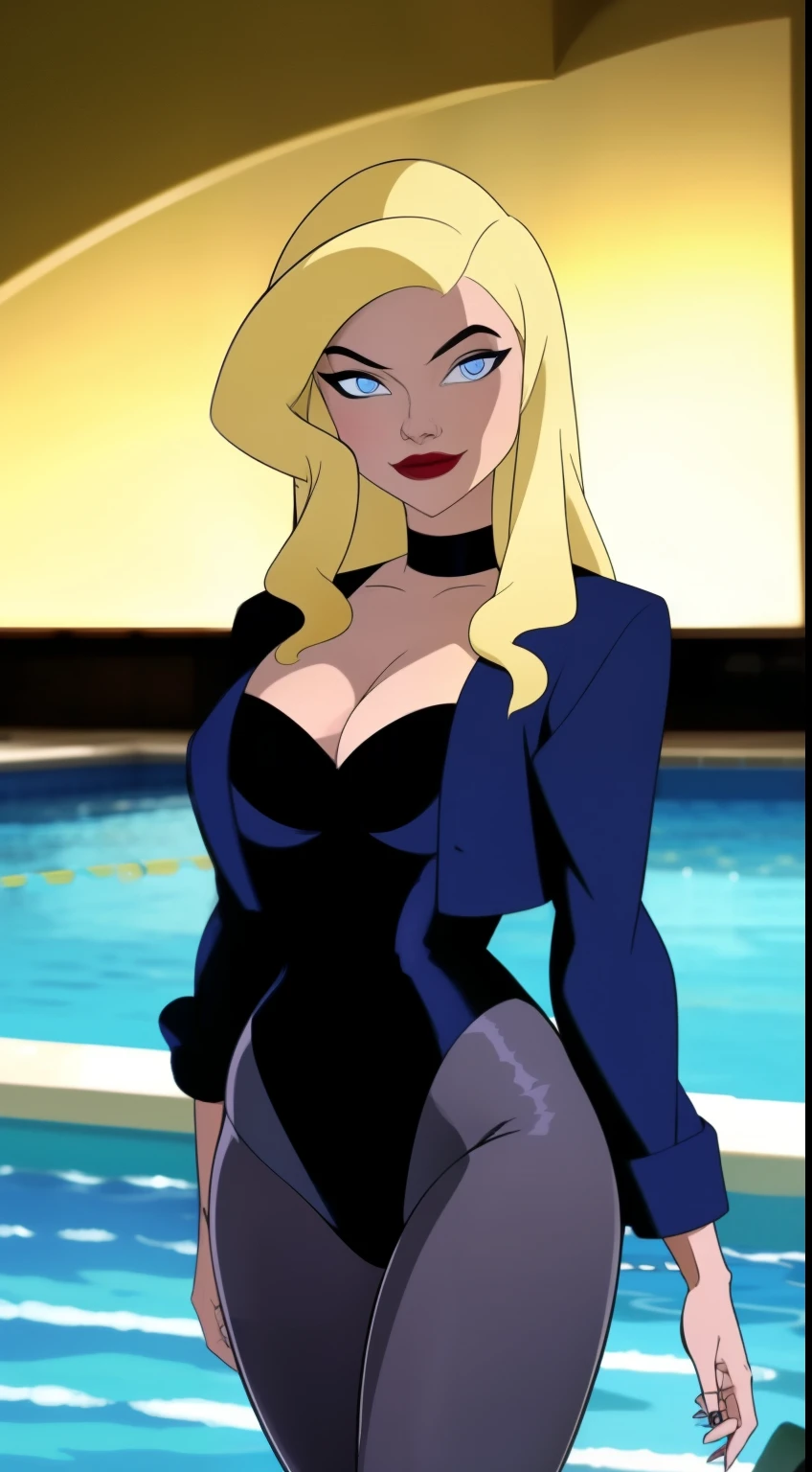 1 girl,very long hair, jewelry, (large breasts), very long hair,solo, natural light, makeup ,fit_body From a mid-angle, keeping the subject level with the camera, Dark purple eyeshadow and a sharp feline-eye, in swimming pool, seductive pose, smiling, looking at camera, poll party setting ArtCalmV2 black_canary_jlu , blonde hair, (red lips:0.8), (blue eyes:0.8),blue jacket, leotard, see-through shiny pantyhose, midasmagic, golden aura, glint, glyph, circle, aura, affected,hip vent, breastasterpiece, best quality, ultra-detailed, intricate details),((perfect female figure)),(beautiful detailed eyes, ultra-detailed, intricate details,perfect_face,perfect_hand) ,